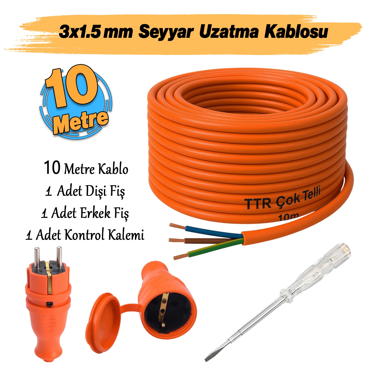 Seyyar 10 Metre Uzatma Kablosu TTR CCA Çok Telli 3x1.5 mm Elektrik Kablo Kontrol Kalem Dişi Erkek Fiş