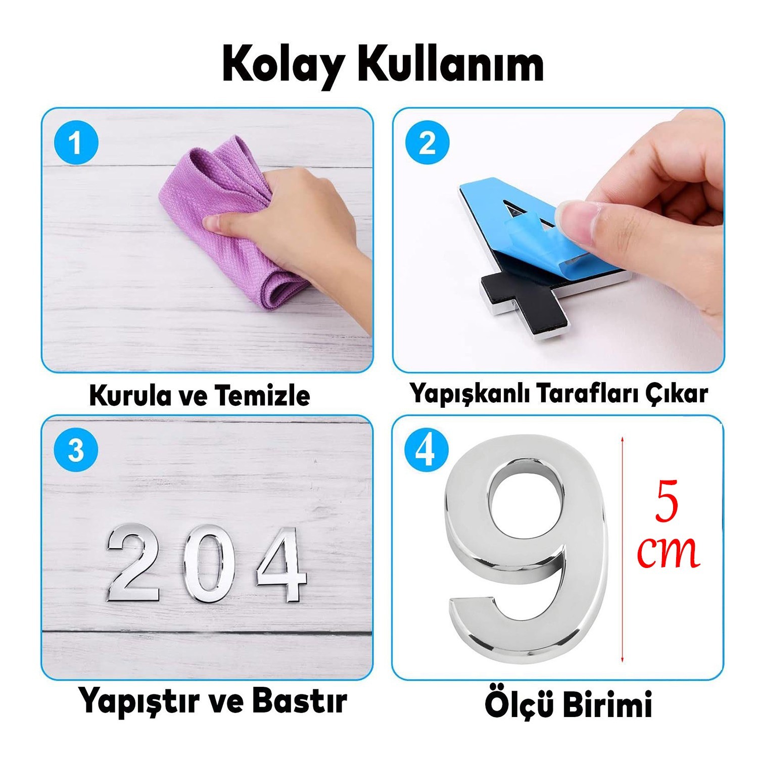 Yapışkanlı Kapı Numarası Küçük Boy 50 mm 5 cm Numara 9 Rakam Dokuz Sayı Krom Renk Numaralar 1 Adet