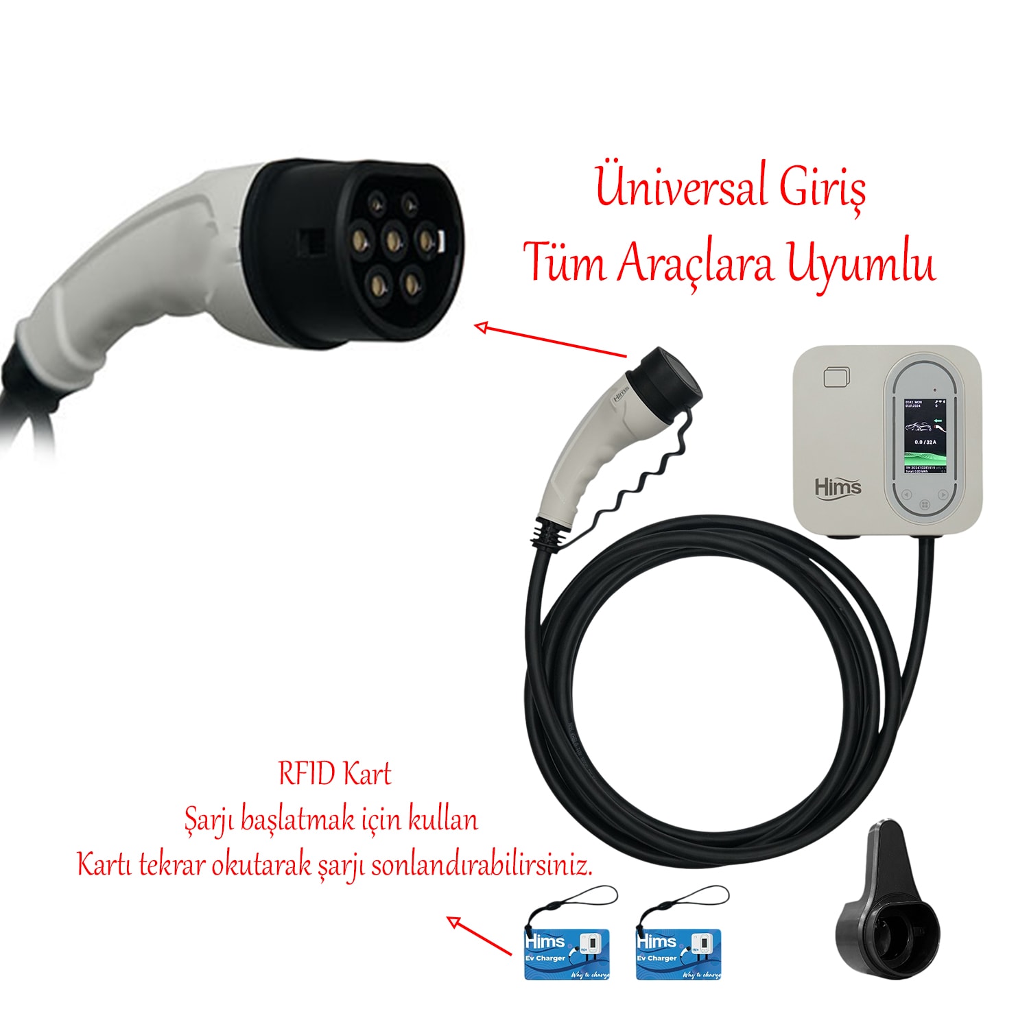 Elektrikli Akıllı Araç Şarj İstasyonu 22 KW Duvar Tipli 5 Metre Kablo Mobil Uygulamalı HCDK-22 RFID