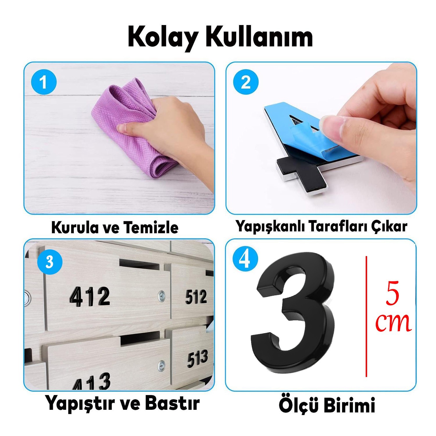 Yapışkanlı Kapı Numarası Küçük Boy 50 mm 5 cm Numara 3 Rakam Üç Sayısı Siyah Renk Numaralar 1 Adet