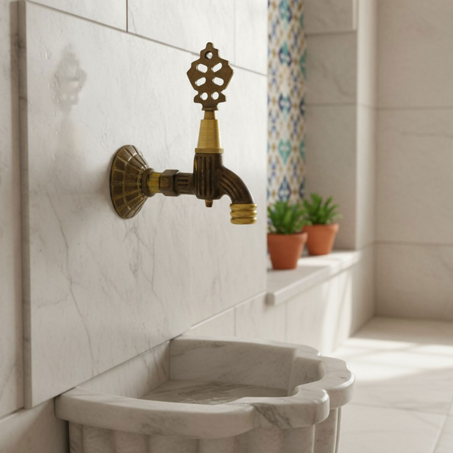 Pirinç Döküm Osmanlı Motifli Musluk Bahçe Çeşme Şadırvan Balkon İçin Dekoratif Otantik Musluk