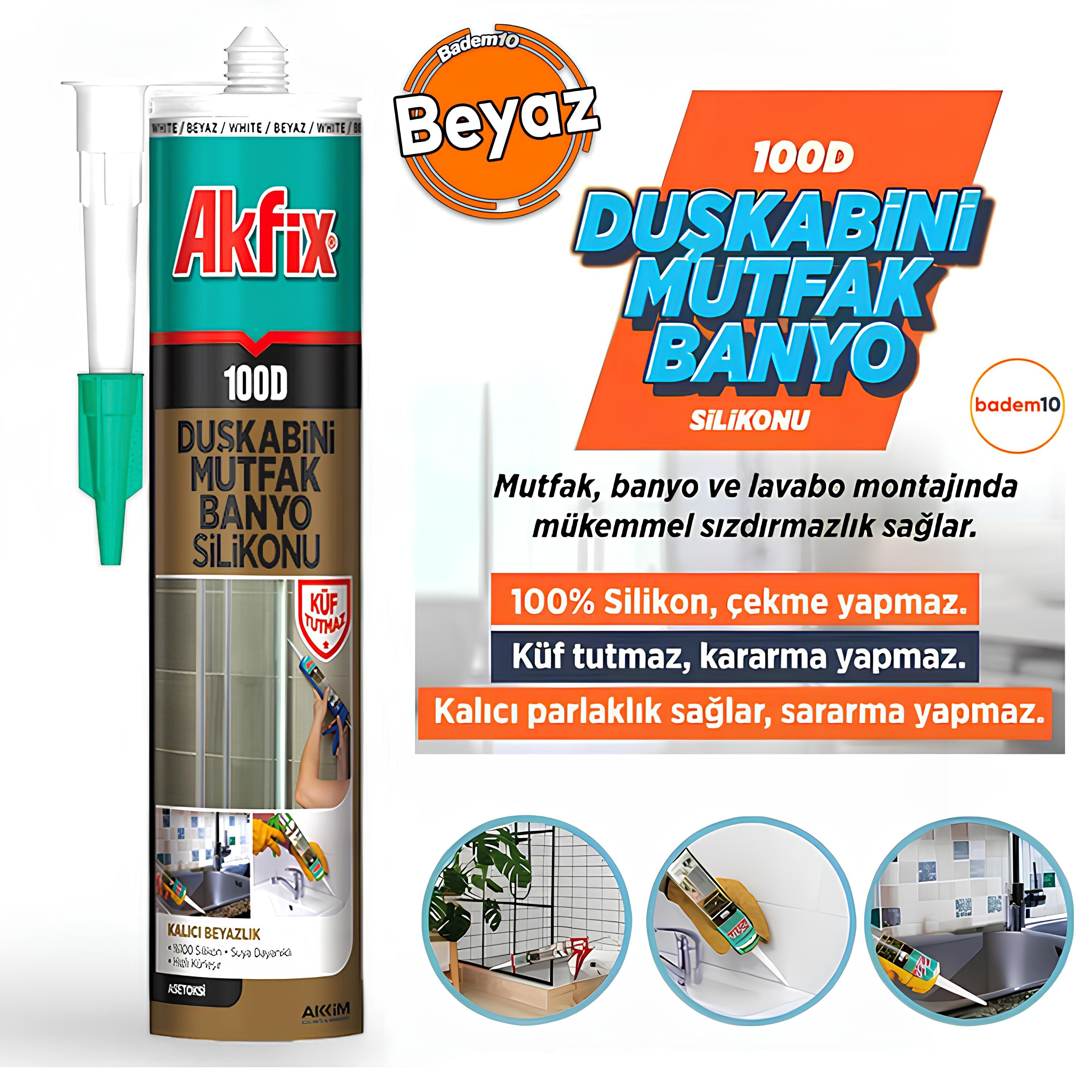 Akfix 100D Beyaz Duşakabin Lavabo Küvet Pvc Plastik Silikon Silikonu Mutfak Küf Tutmaz 280 mL