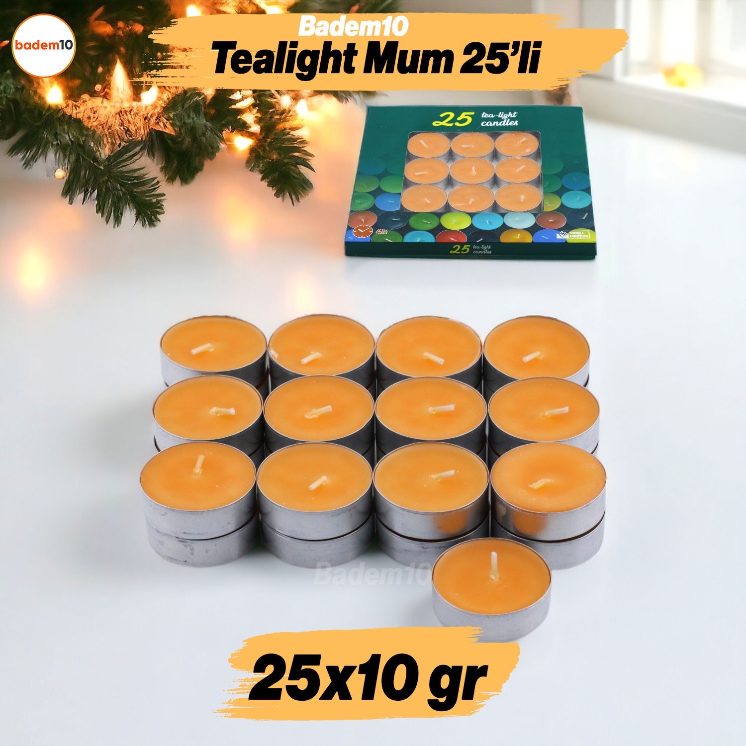 Tealight Mum 25x10 Gr Dekoratif Mumu Kandil Hediyelik Fitilli Mumluk Şamdan Turuncu Renk Kokusuz