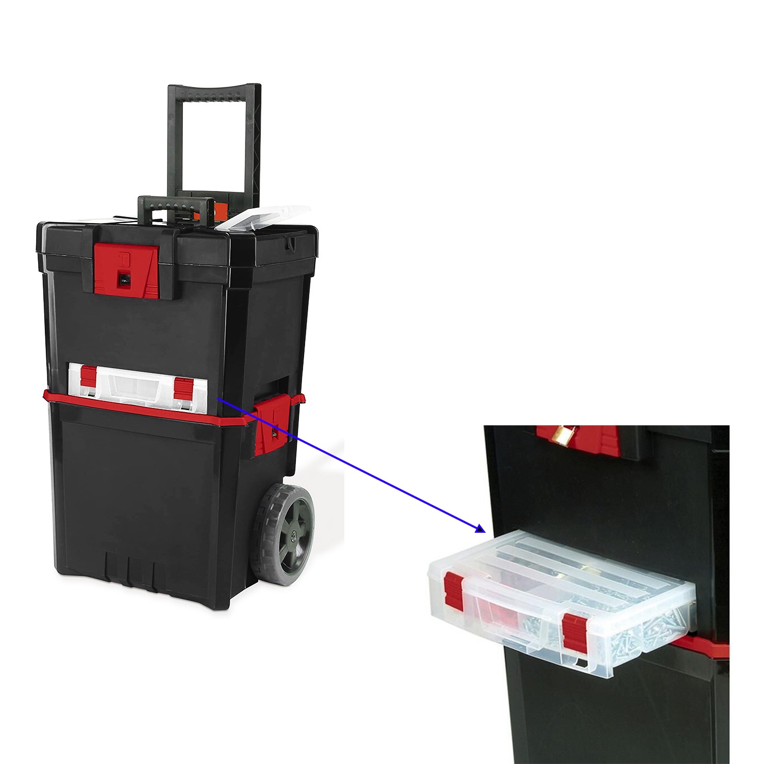 Tekerlekli Takım Çantası Plastik Organizer Bölmeli Kapaklı 2 Katlı İkili Takım Sandığı Monoblok
