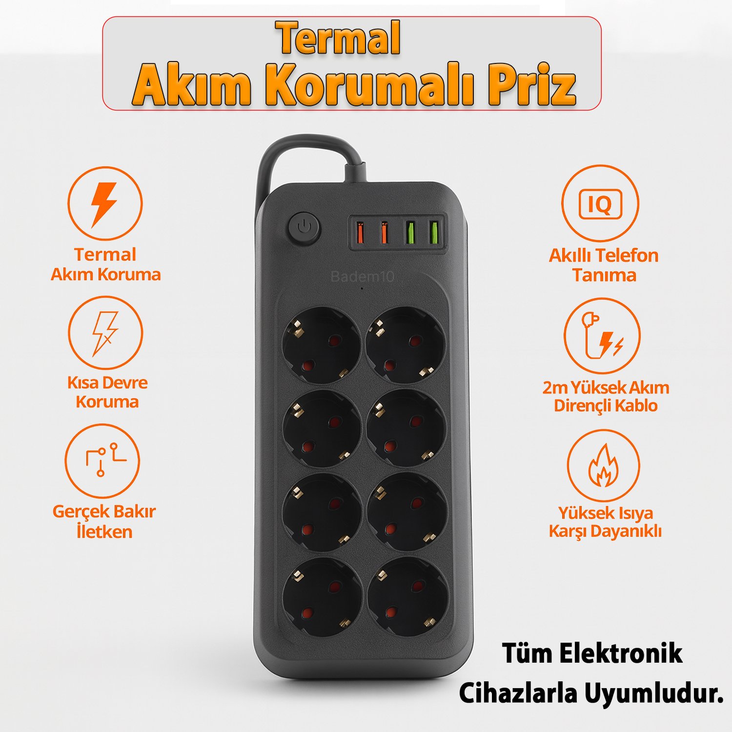 8 Prizli 4 USB Girişli Akım Korumalı Topraklı Golyat Grup Şarj Fiş Priz 2 Metre Uzatma Kablosu