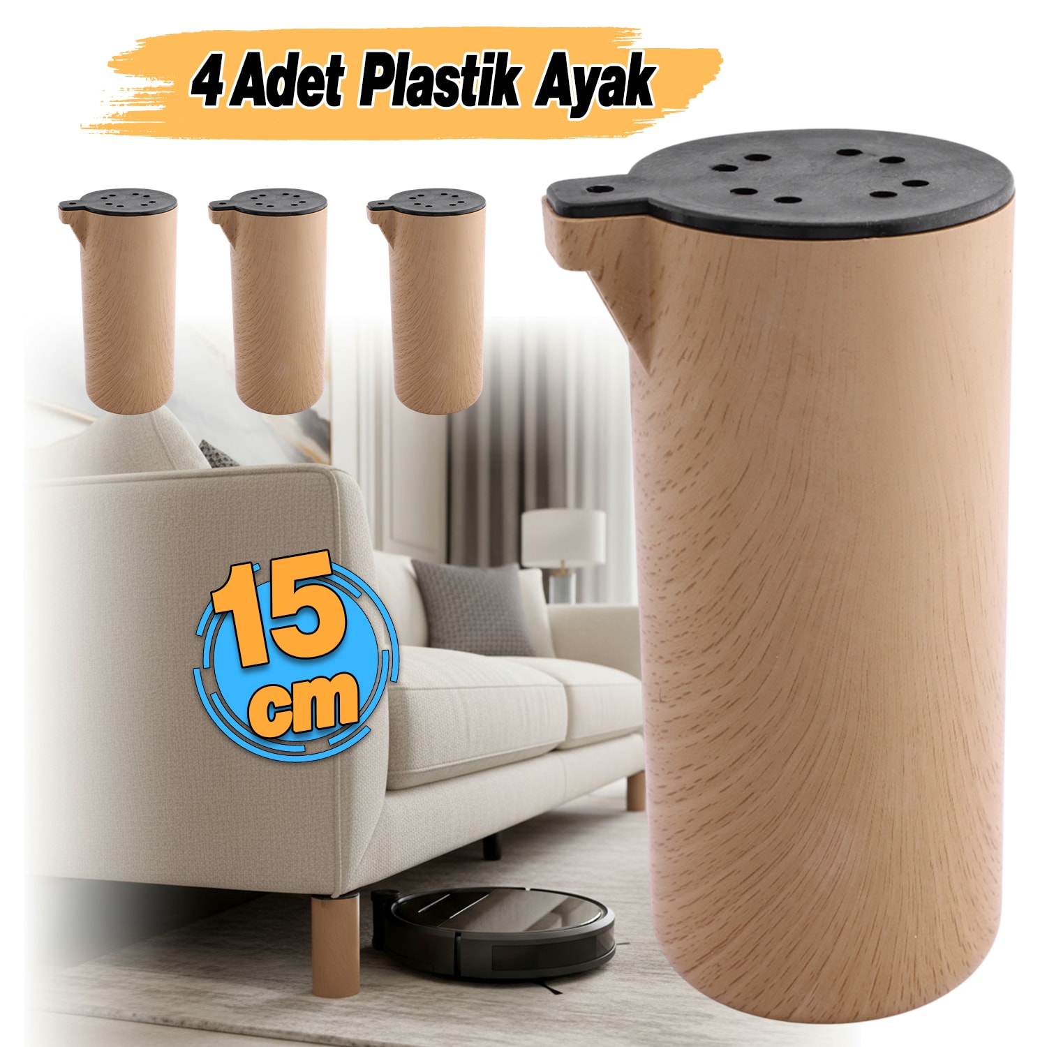 (4 Adet) Plastik Terra Kubik Kayın Beji 15 cm Mobilya Kanepe Koltuk Baza Yükseltme Ayağı Ayakları