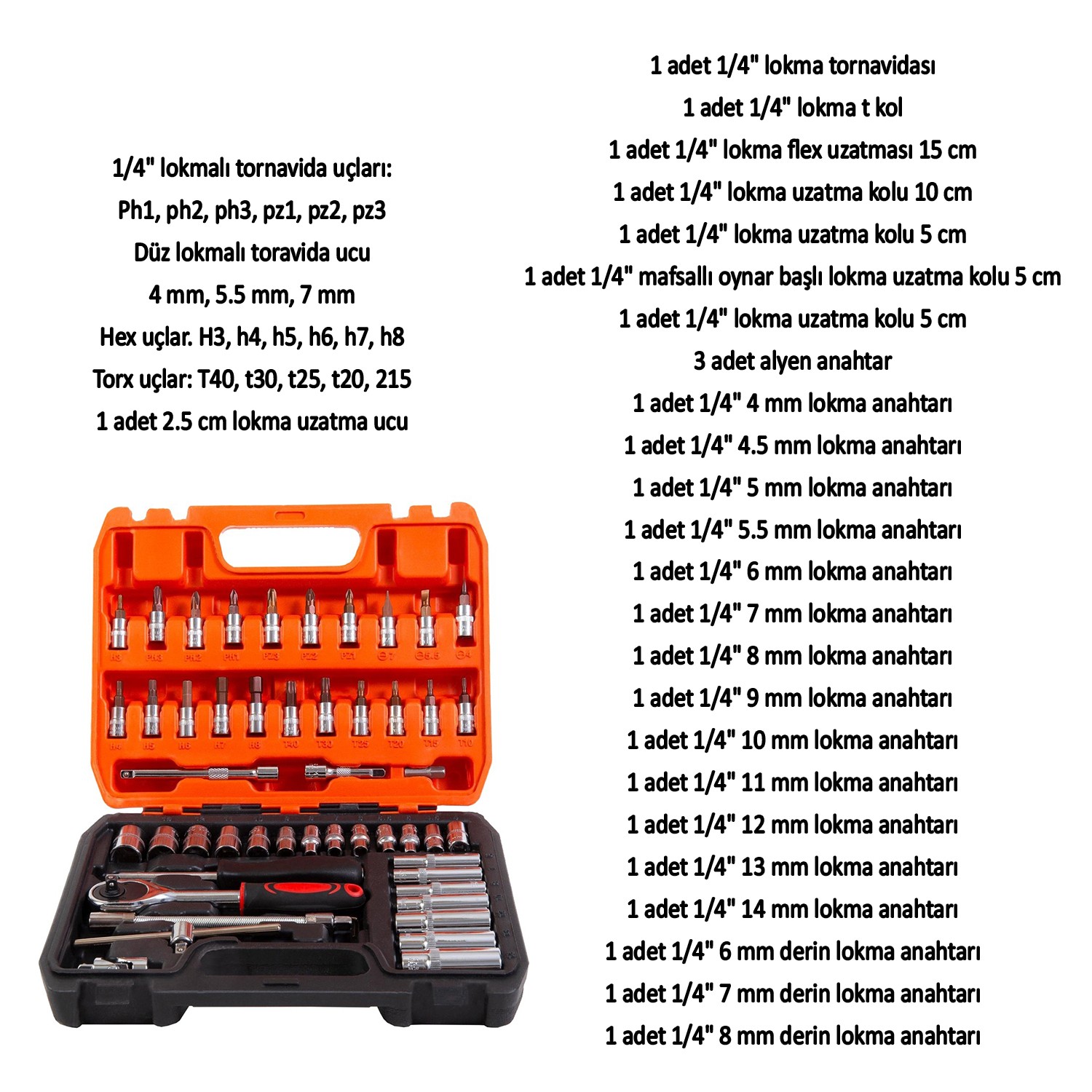 Lokma Anahtar Takımı 53 Parça Uzatma Kolu Mafsallı 1/4 Yıldız Hex Tork Düz Set Bits Uç Allen