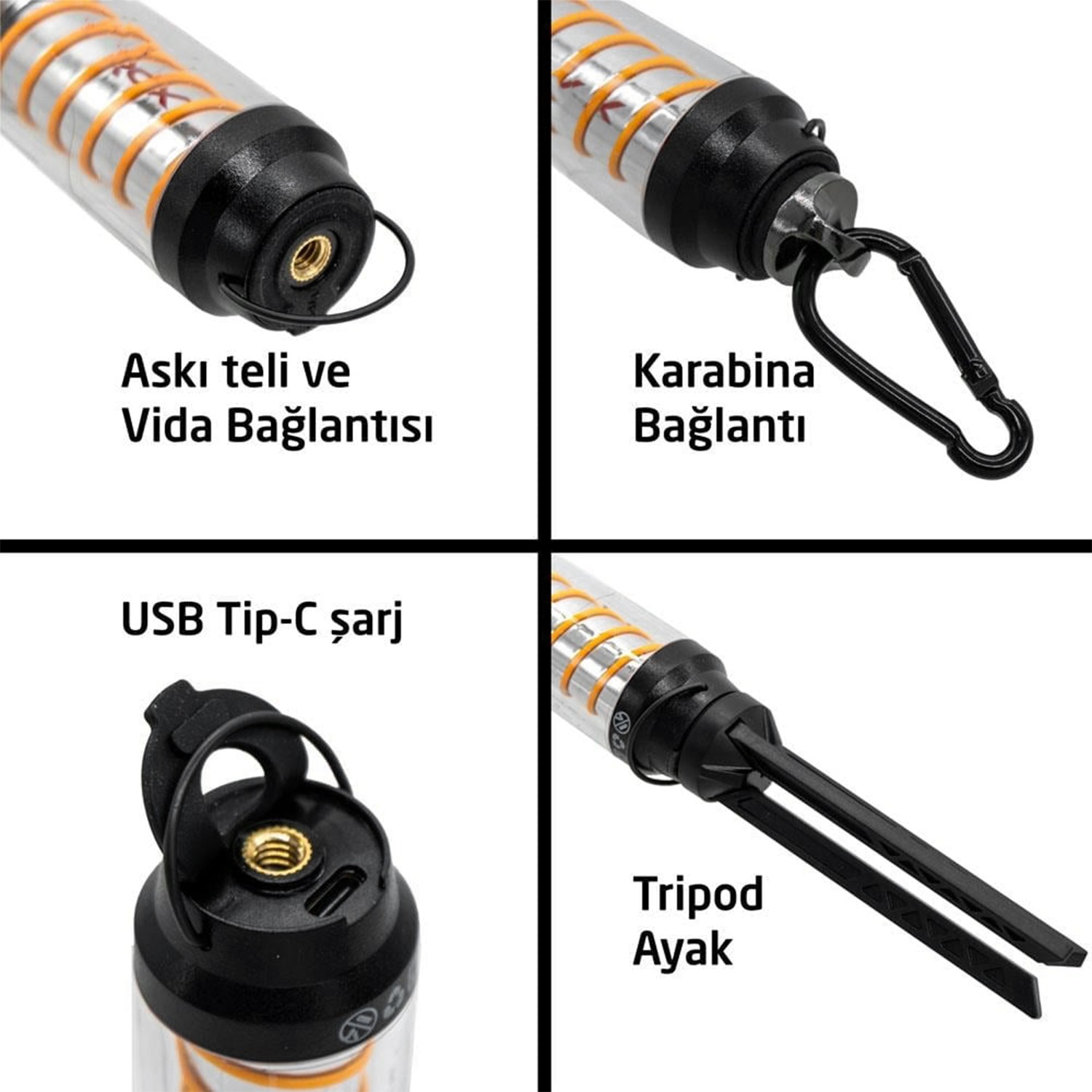 Genel Amaçlı Mini Şarjlı El feneri 10 Saat Çalışma 360 Lümen Type-c Tripodlu Ambianslı Kamp Lambası