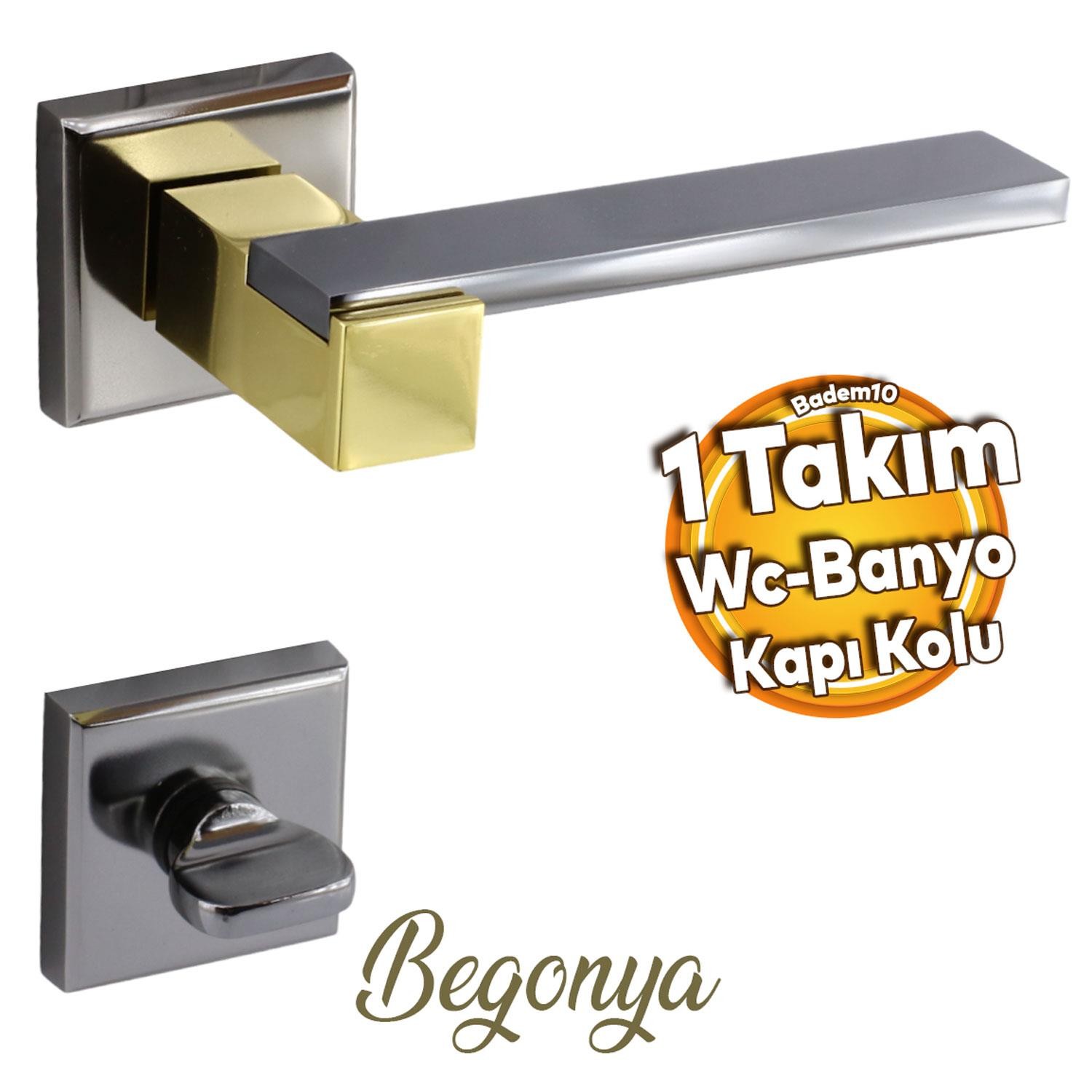 Begonya Lüx Füme Gold Kare Rozetli Wc-Banyo Uyumlu Kapı Kolu Sağa ve Sola Uygun Kapı Kolları 1 Takım