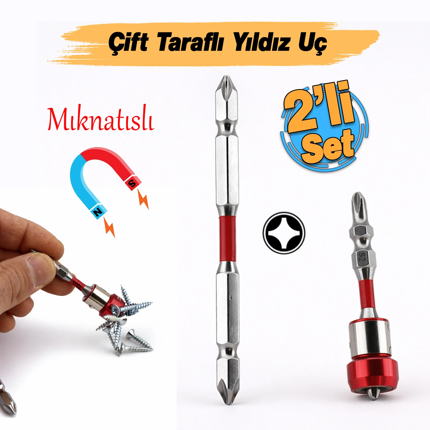 N35 Mıknatıslı Çift Taraflı Yıldız Bits Uç Manyetik Halkalı S2