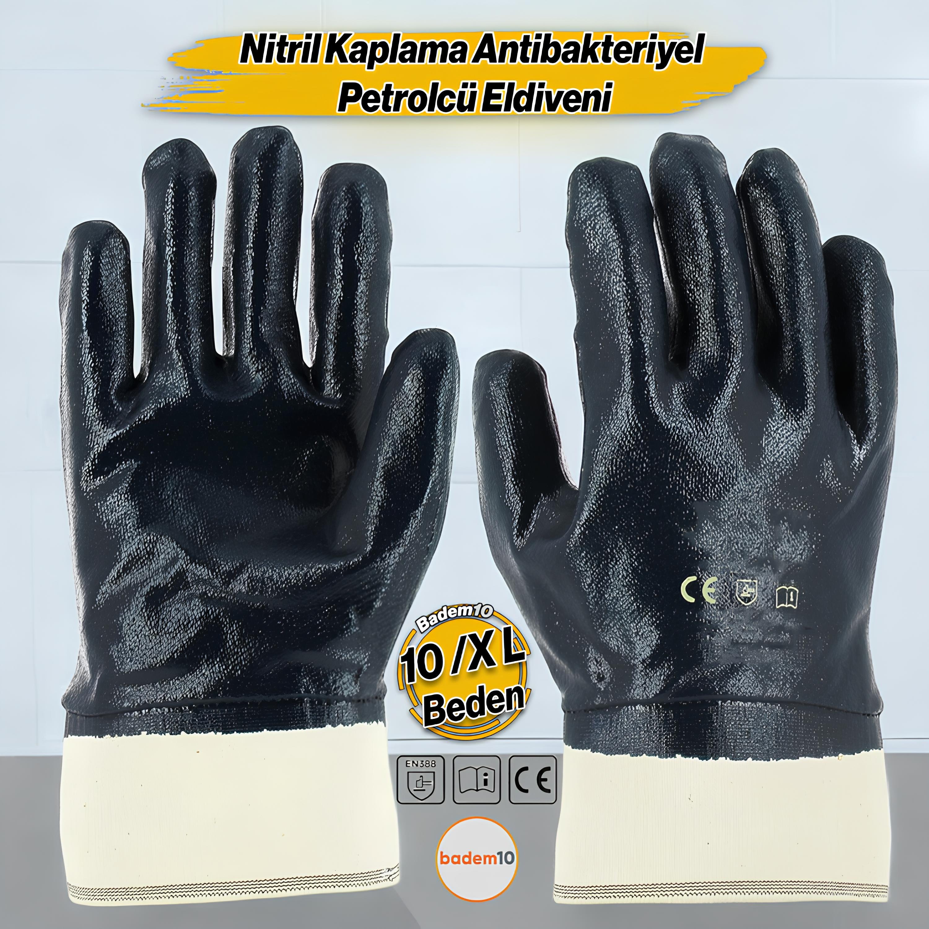 Nitril Kaplı Petrolcü İş Eldiveni 10 Numara XL Beden Kalın Koruma İnşaat Sanayi El Eldiven