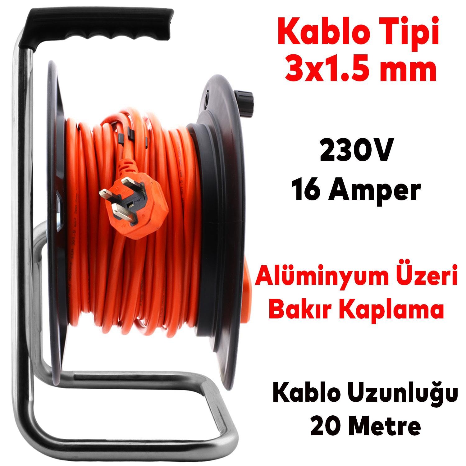 Bylion Makaralı Seyyar Kablo Universal 4 Prizli Uzatma Kablosu 3x1.5 mm TTR Kablo 20 Metre