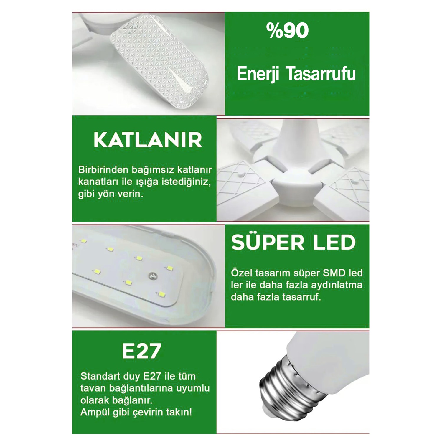 Beş Pervaneli Tasarruflu Ampul 72 W Led Lamba Beyaz E27 Duy 6480 Lümen Uzun Ömürlü 220 Volt 1 Adet