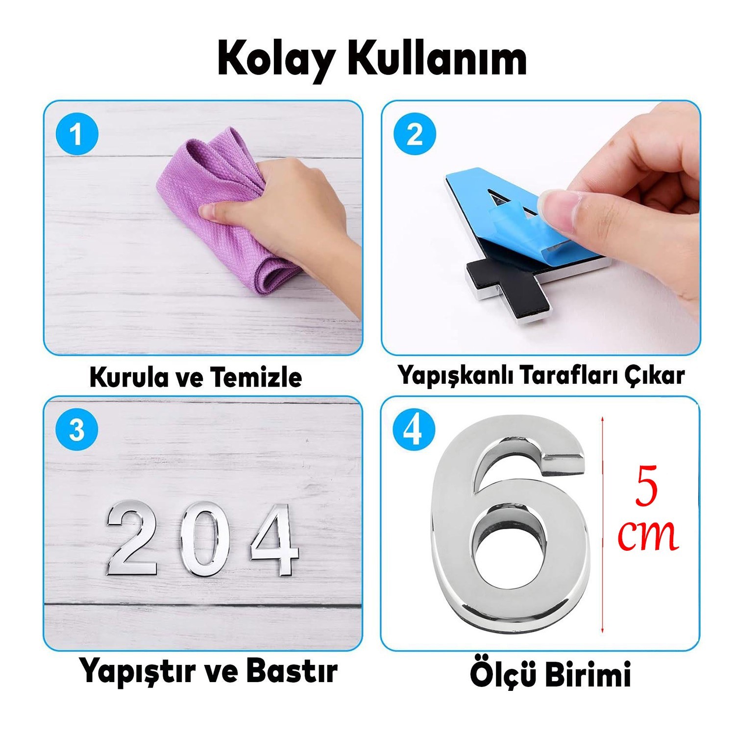 Yapışkanlı Kapı Numarası Küçük Boy 50 mm 5 cm Numara 6 Rakam Altı Sayısı Krom Renk Numaralar 1 Adet