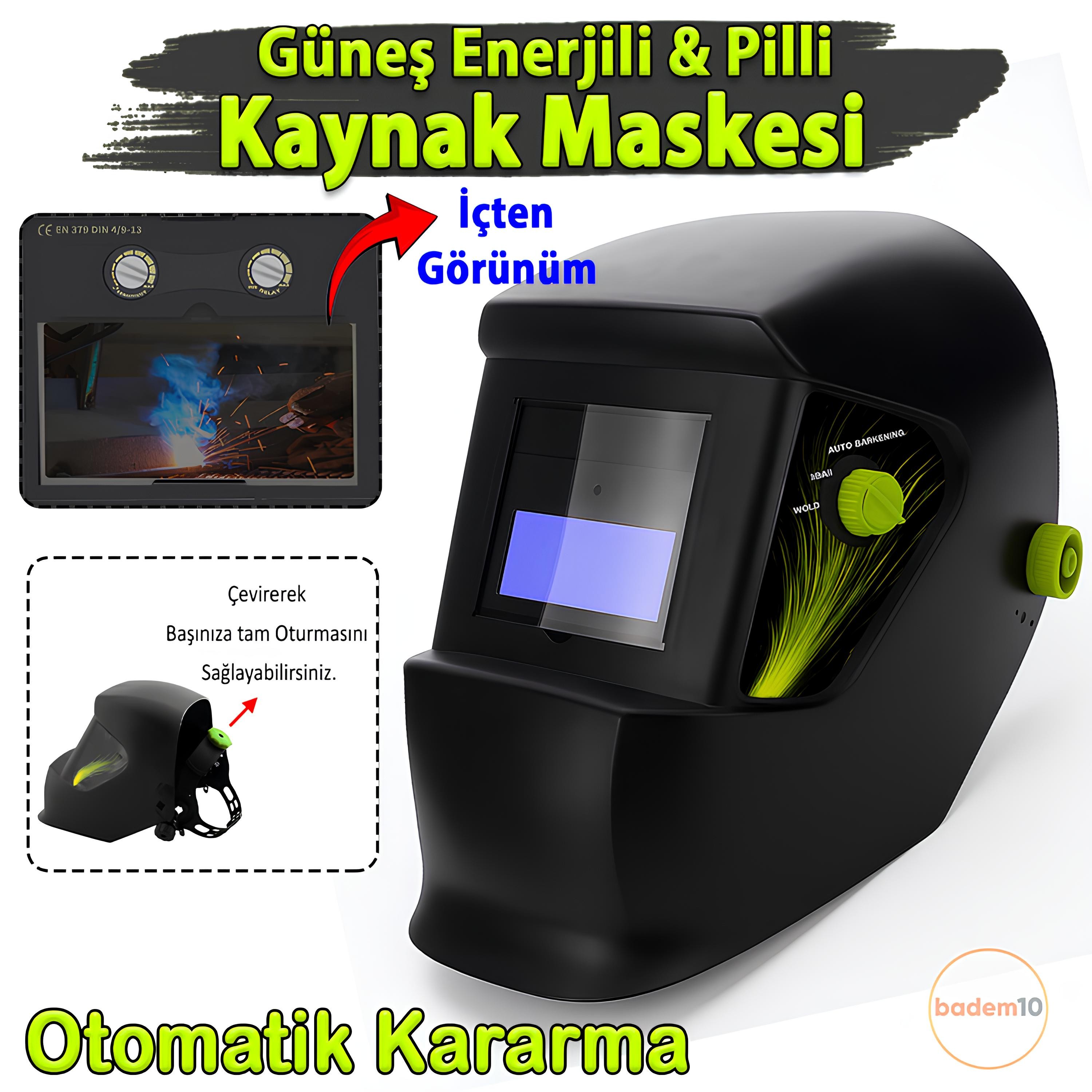 Solo Pro Ayarlı Güneş Enerjili Pilli Otomatik Kararan Baş Maskesi Siperlik Kartuşlu Kaynak Gözlüğü