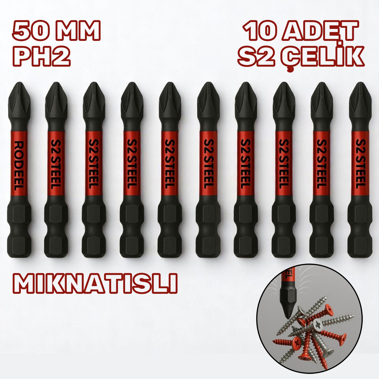 Rodex 10 Adet Mıknatıslı Bits Uç Ph2 50 mm Vida Sökme 5 Cm Yıldız Matkap Vidalama Ucu S2 Çeliği