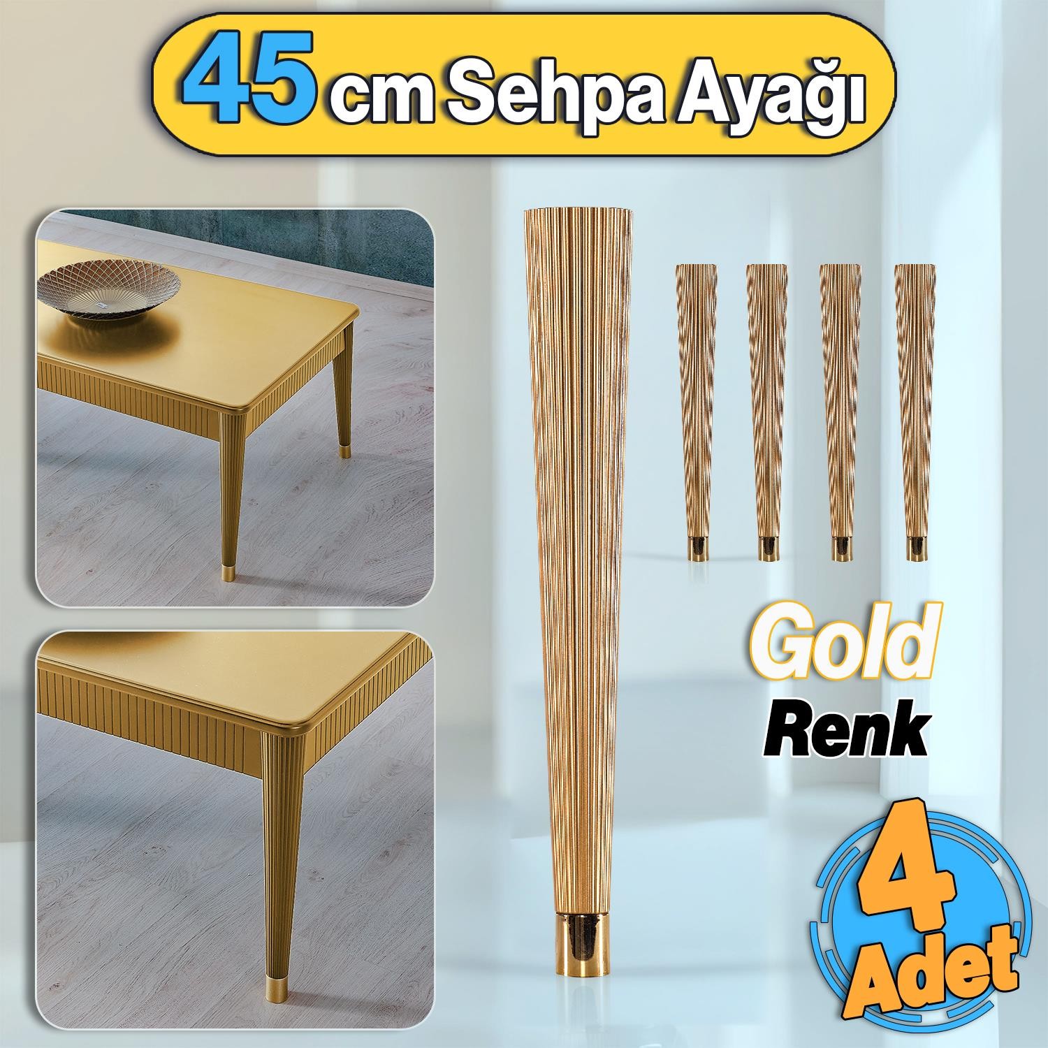 Plastik Altın Renk Suit Sehpa Ayağı 45 cm Ayak 4 Adet Mutfak Yemek Masası Mobilya Ayak Zigon Gold