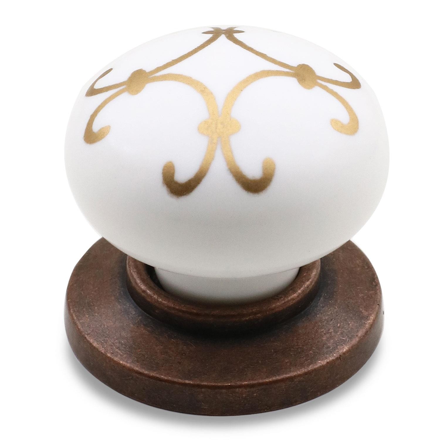 Eymen Düğme Çekmece Dolap Kapak Kulpu Kulbu Beyaz Antik Bakır Desenli Polimer Kulp