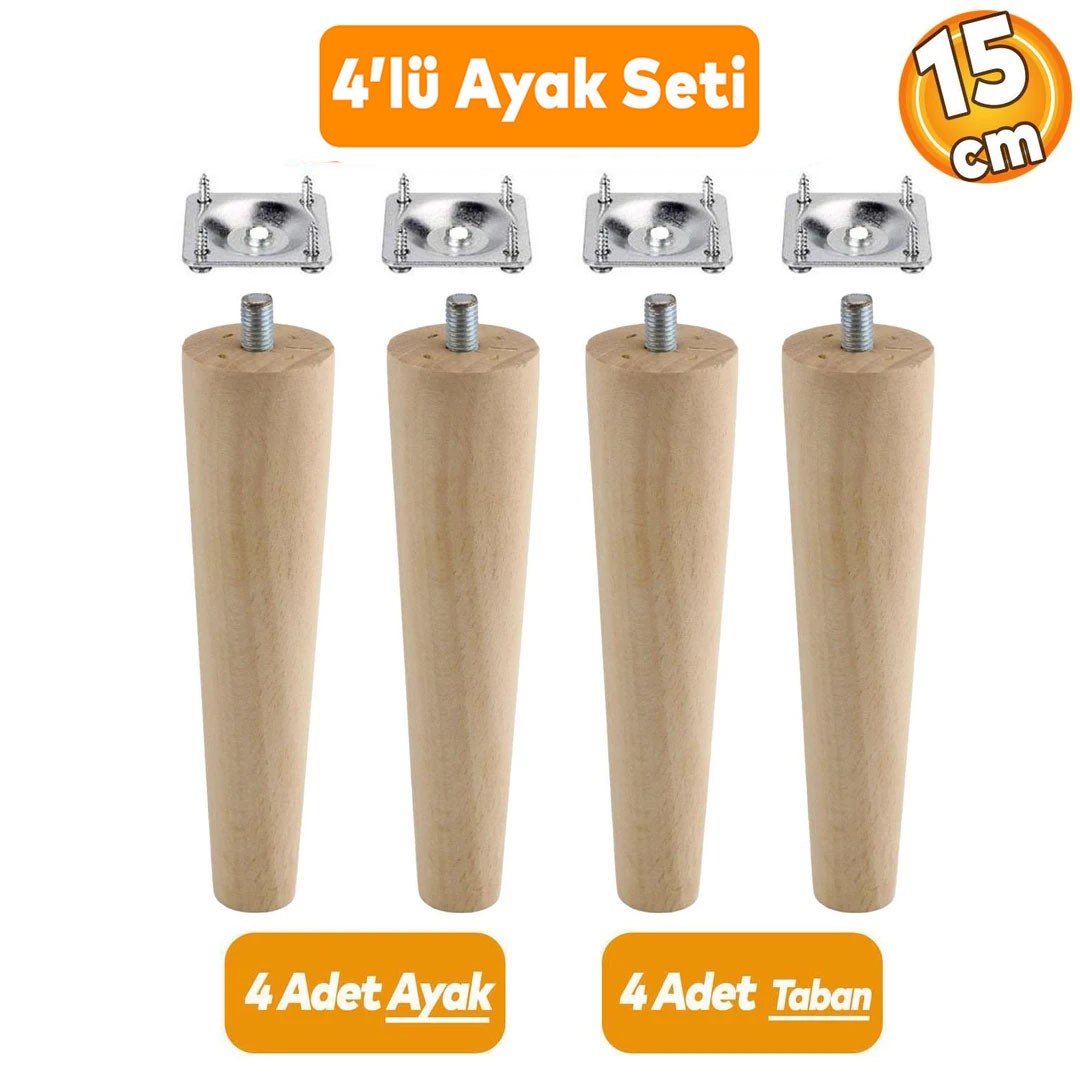 Ahşap Mobilya Koltuk Kanepe Sehpa Masa Ayağı Ayakları M8 Civatalı 15 Cm Bağlantı Aparatlı 4'lü Set