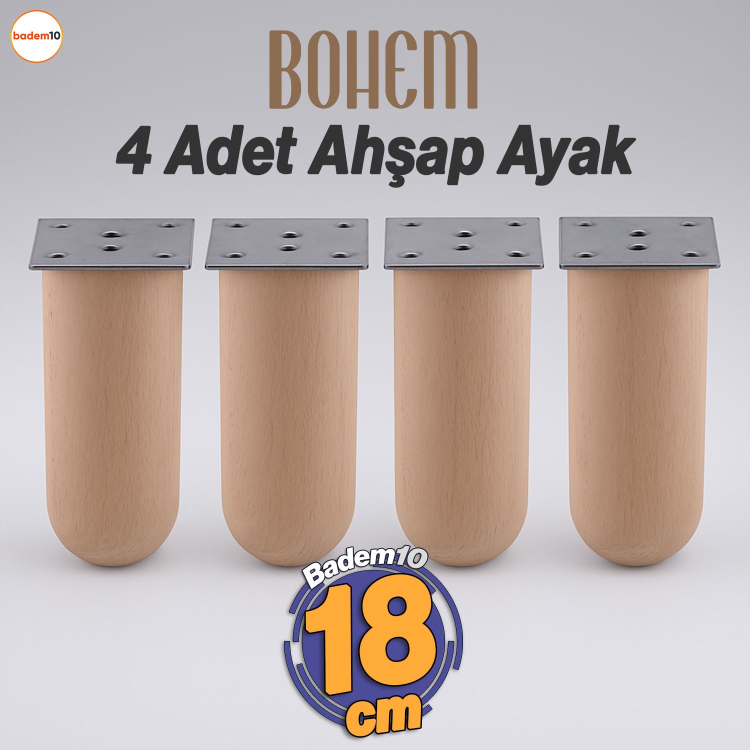 Bohem 4 ADET Doğal Ahşap Silindir Ayak 18 cm Set Mobilya Koltuk Kanepe Sehpa Masa Ayağı Ayakları
