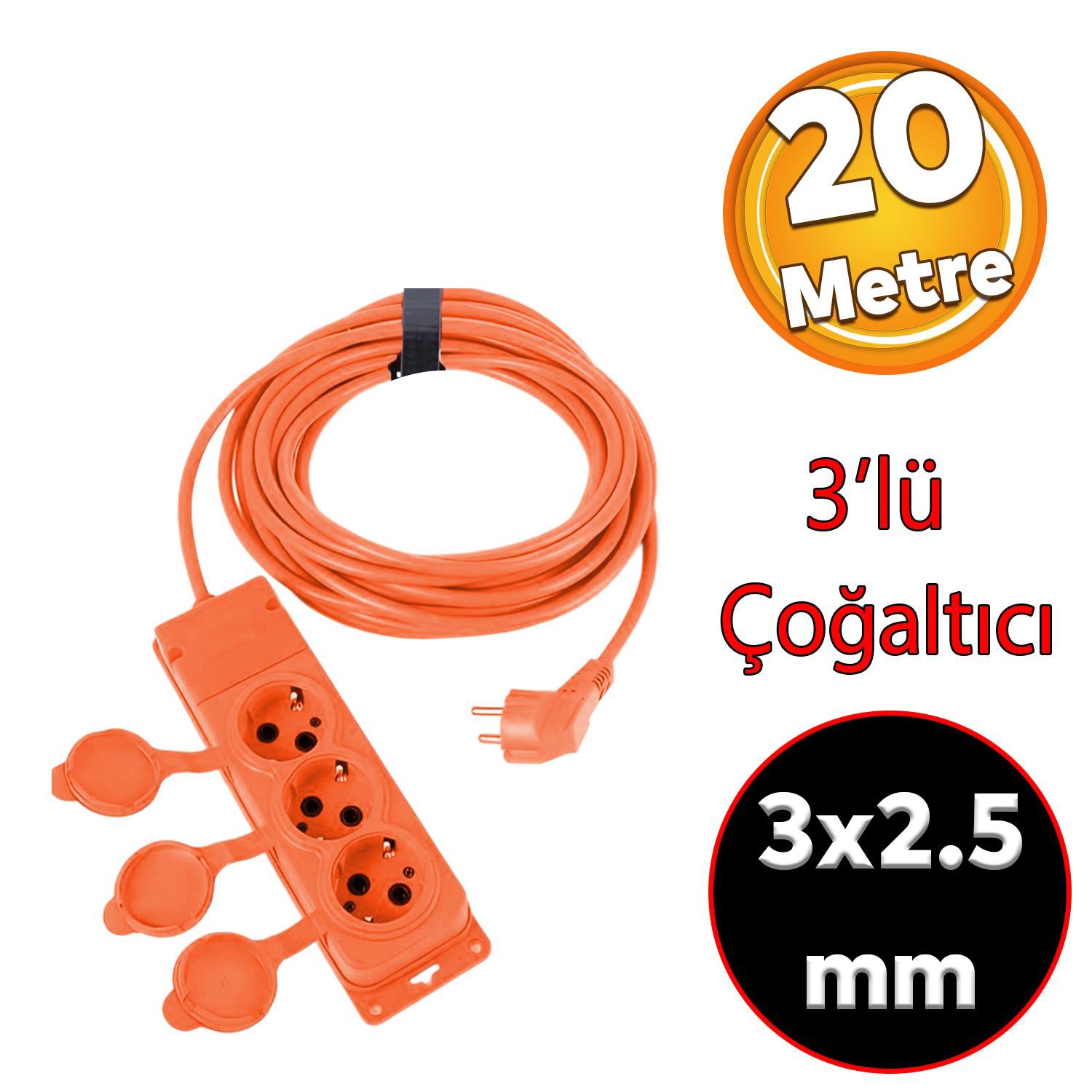 Monofaze CCA Uzatma Kablosu 3x2.5 mm Çoğaltıcı Seyyar Topraklı Kapaklı 3'lü Grup Priz Fiş 20 Metre