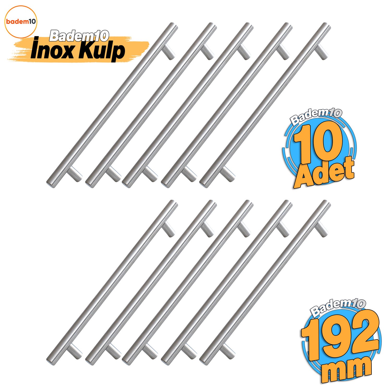 10 ADET RoseMary İnox Metal Kulp 192 mm ( 19.2 cm ) Mobilya Mutfak Çekmece Dolap Kapak Kulpu Kulbu