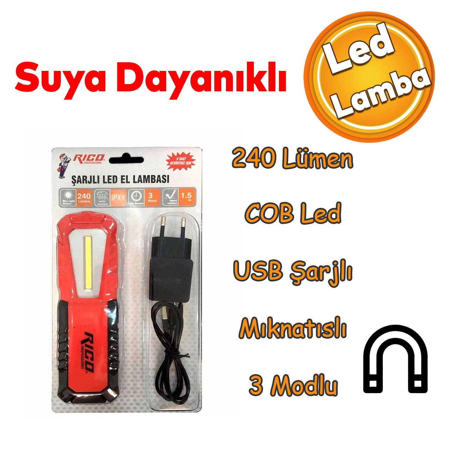 Rico RC0037 Ledli El Feneri Lambası 3 Modlu 240 Lümen Şarjlı Mıknatıslı Oto Tamir Spor Kamp IPx4 Fener