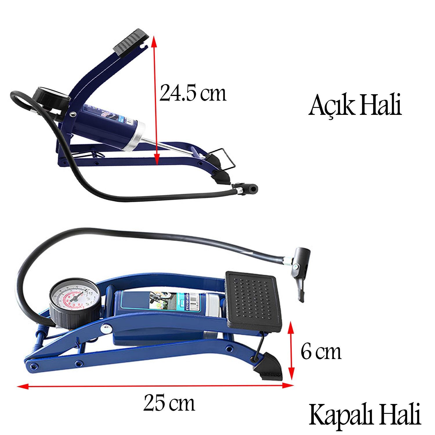 Ayak Tipi Hava Pompası Göstergeli Tekli Teker Araç Bisiklet Top Pompası