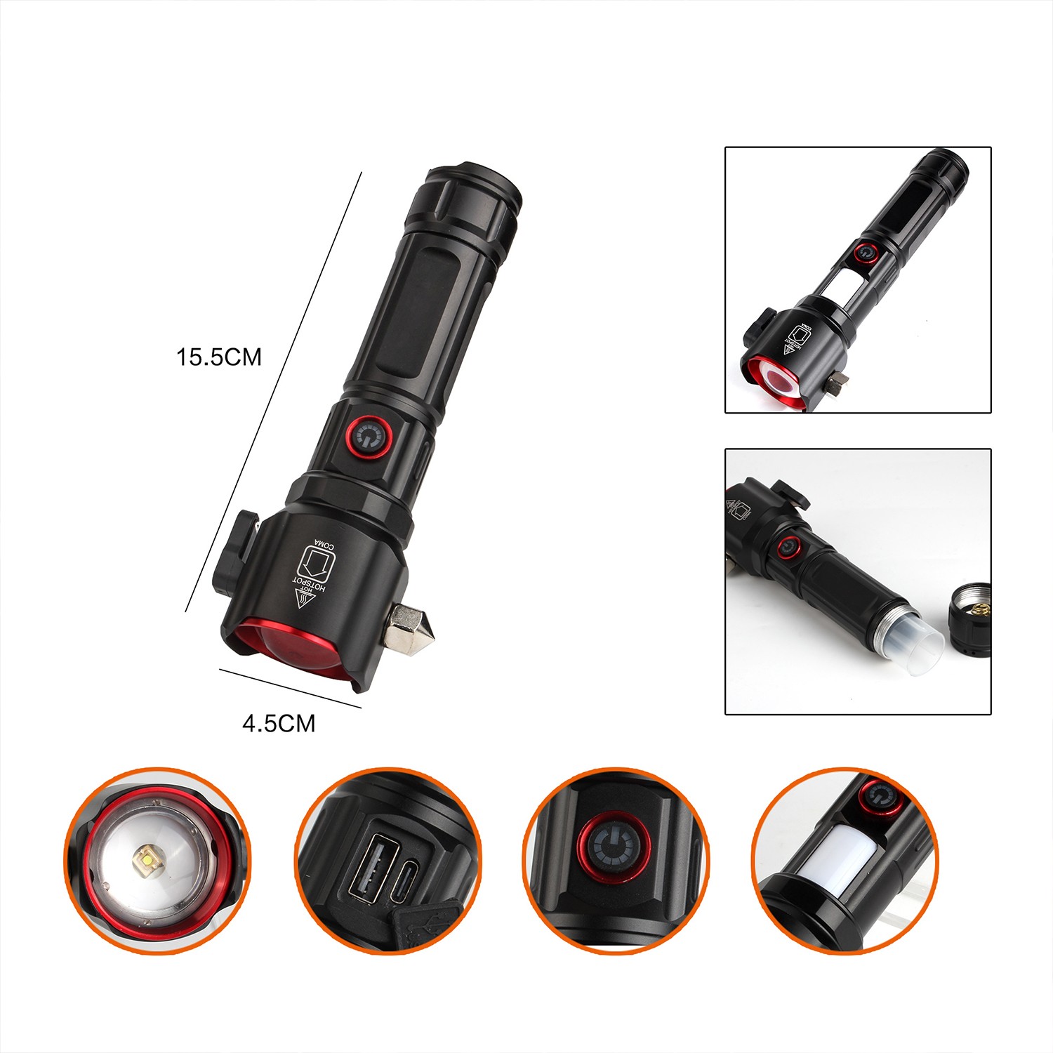 Şarjlı El Feneri | Yüksek Güçlü LED Işık | USB ile Şarj Edilebilir | Su Geçirmez Metal Gövde | Zoom Özellikli