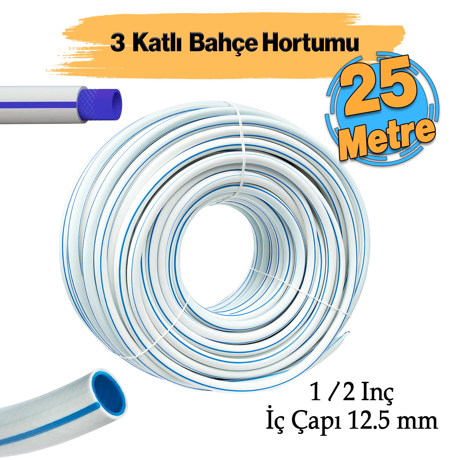 Bahçe Hortumu 3 Katlı Sağlam 25 Metre Çeşme Su Sulama Hortum Araç Araba Yıkama 12.5 mm 1/2"