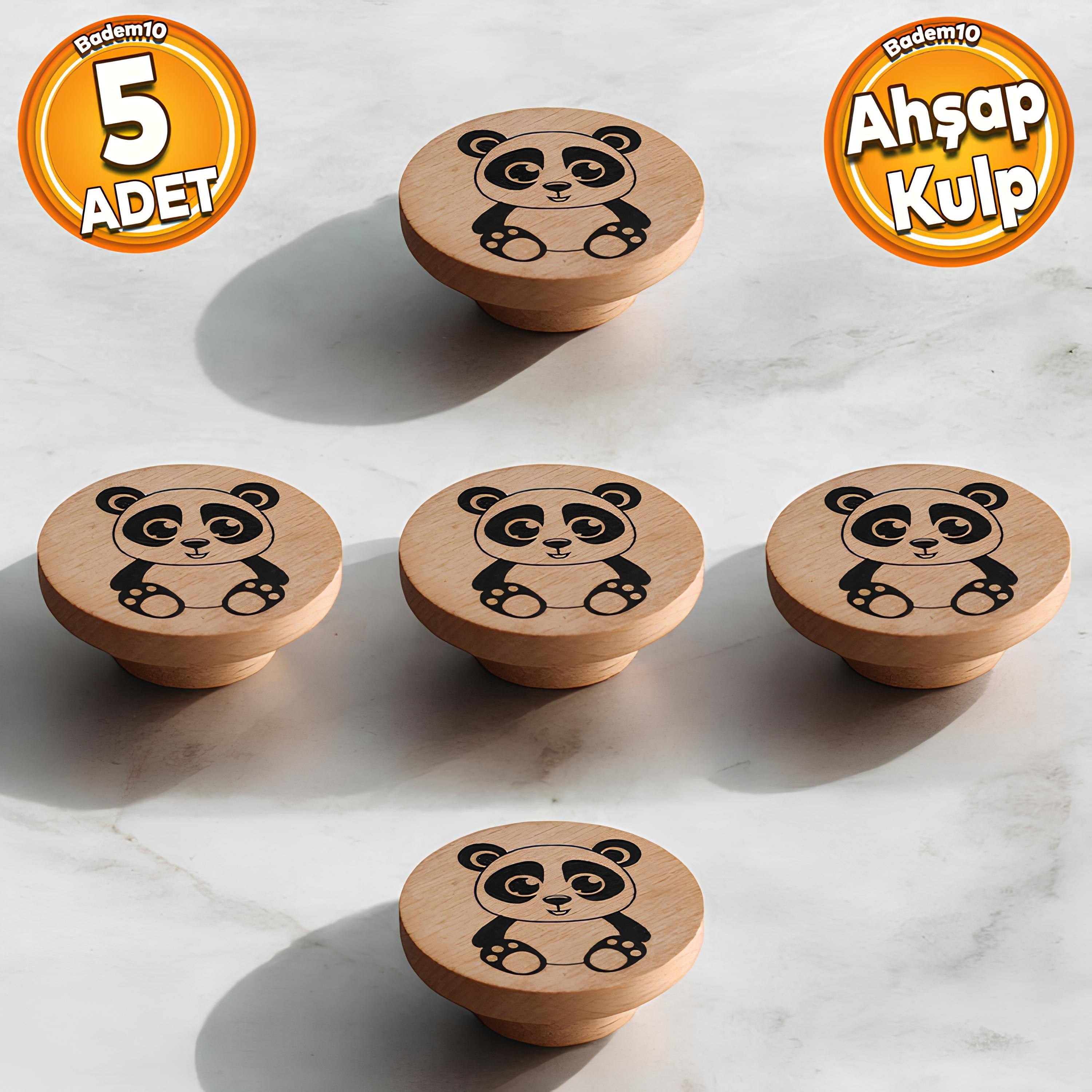 Ahşap Kulp Düğme Panda Desenli Çocuk Odası Çekmece Mutfak Mobilya Dolap Kulpu Kulbu Kulpları 5 ADET