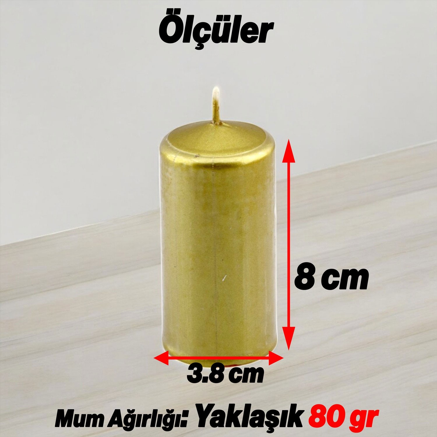 Baton Mum Metalik Kaplama Gold Silindir Dekoratif Mumu Kandil Hediyelik Mumlar Şamdan Kokusuz 8 cm