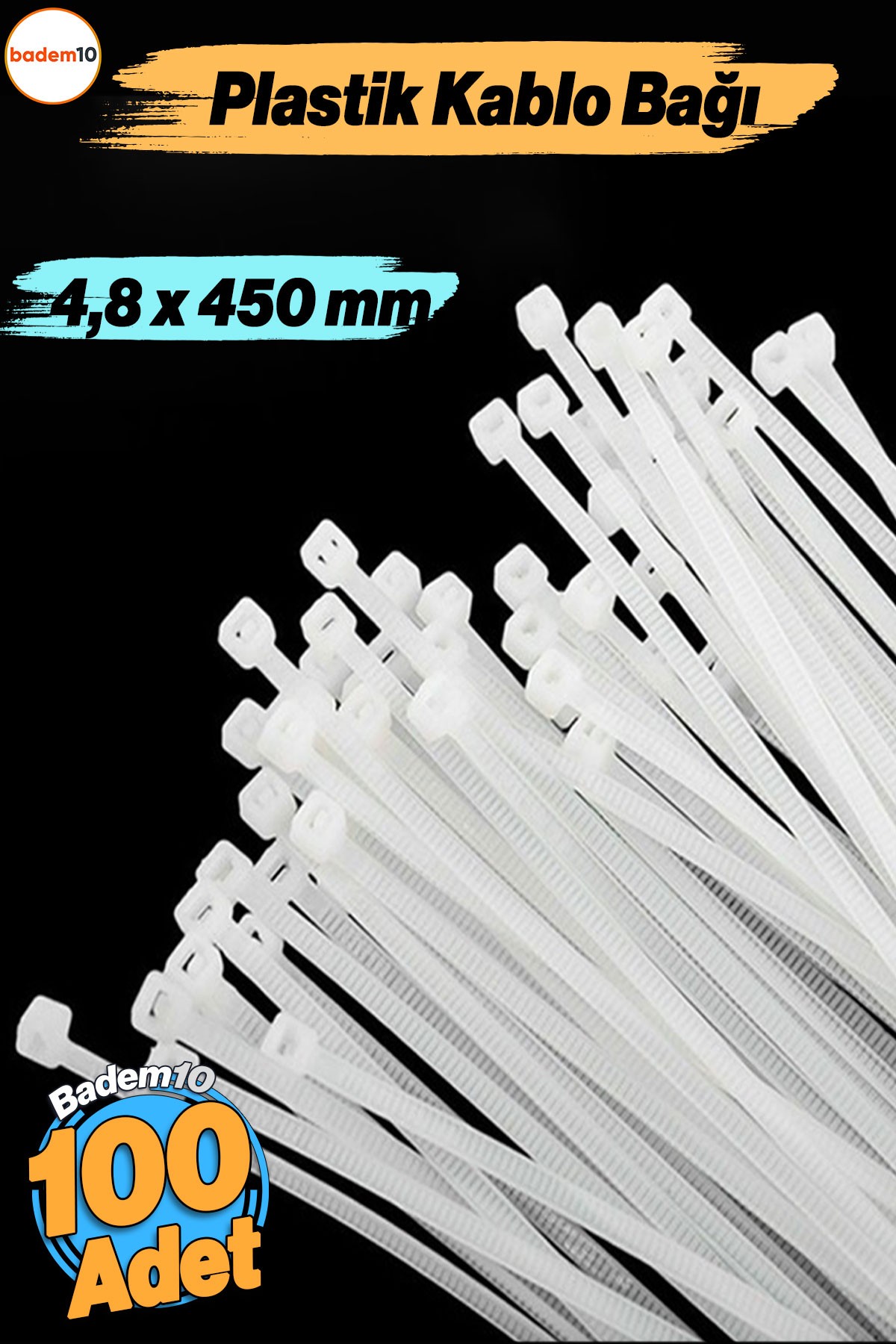 100 Adet Cırt Kelepçe 4,8x450 mm Plastik Beyaz Renk Zip Kablo Bağı Çok Amaçlı Bağlama