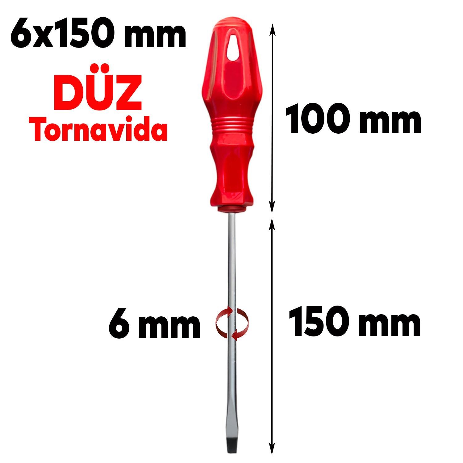 Tornavida Düz Tornavida Kırmızı Plastik Sap 6x150 mm