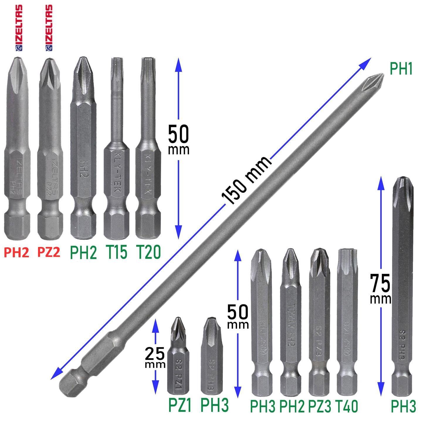 Rodex RDX3085 Akülü Vidalama Şarjlı Tornavida Vidalama Ucu Seti+İzeltaş-Klytek Matkap Bits Uç Düz Yıldız Torx (25 PARÇA)