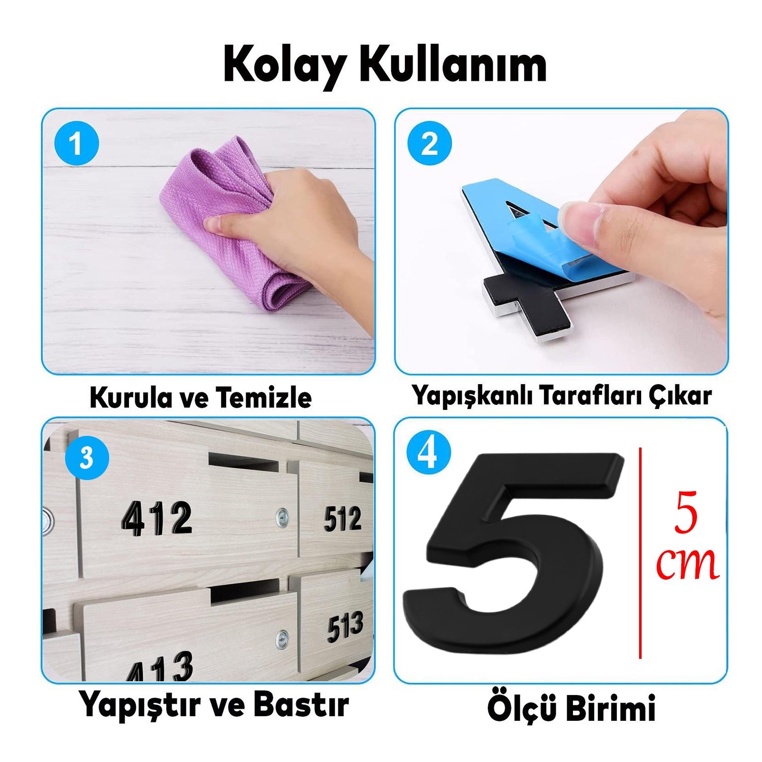 Yapışkanlı Kapı Numarası Küçük Boy 50 mm 5 cm Numara 5 Rakam Beş Sayısı Siyah Renk Numaralar 1 Adet