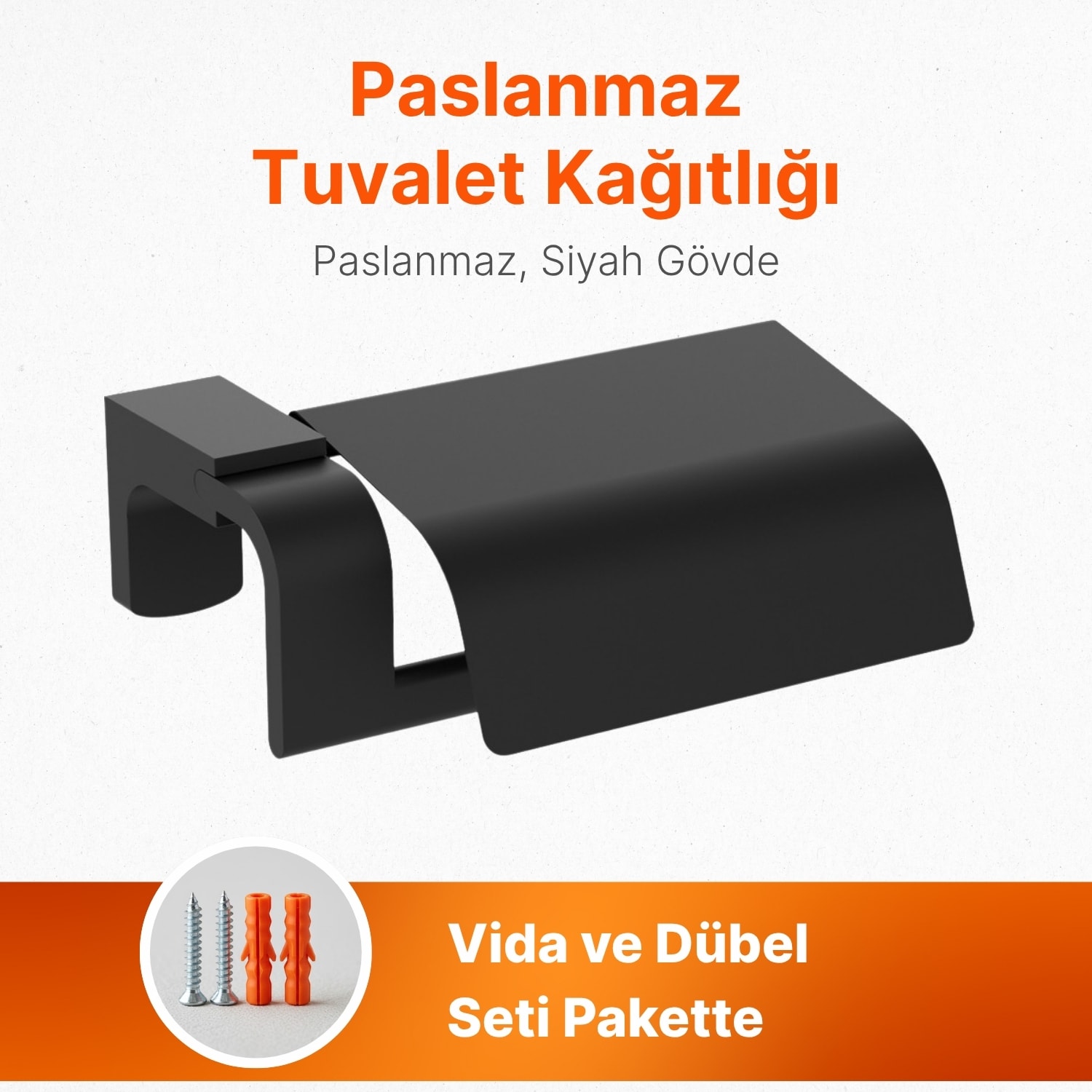 Mat Siyah Kapaklı Paslanmaz Lüks Tuvalet Kağıtlığı Vida ve Dübel Seti Dahil WC Tuvalet Kağıtlığı