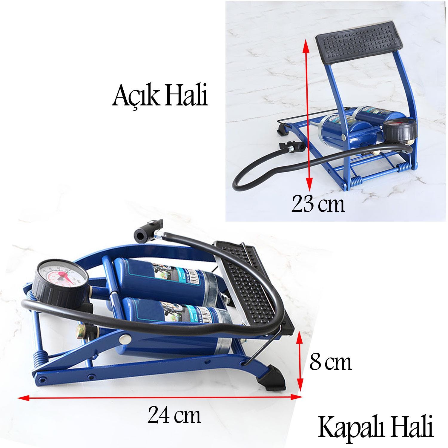 Ayak Tipi Hava Pompası Göstergeli Çift Hava Depolu Teker Araç Bisiklet Top Pompası