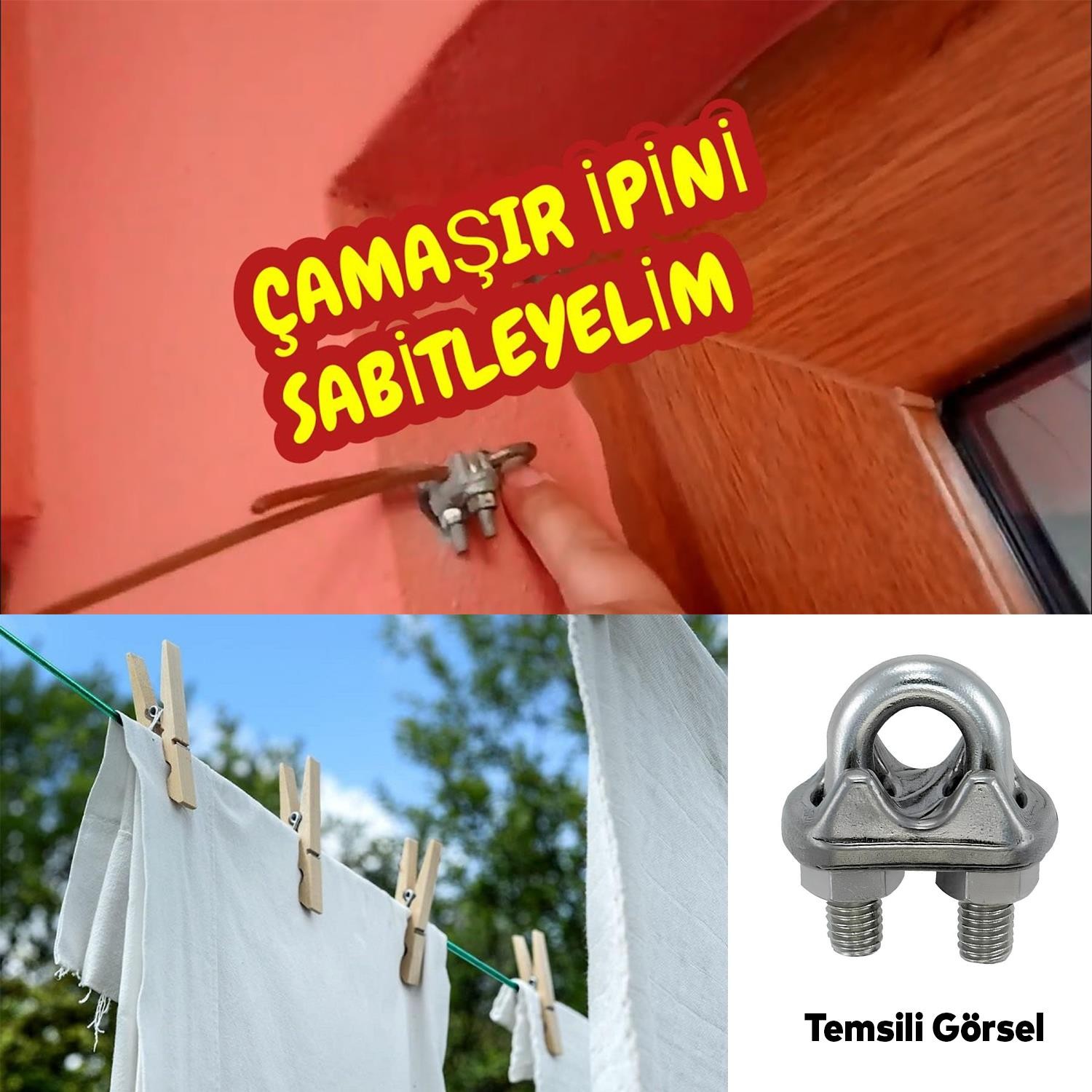 Çelik Halat Sıkma Sabitleme Klemensi 6 mm Çamaşır İpi Sıkma Bağlama Somunlu A Tipi Kelemens 4 Adet