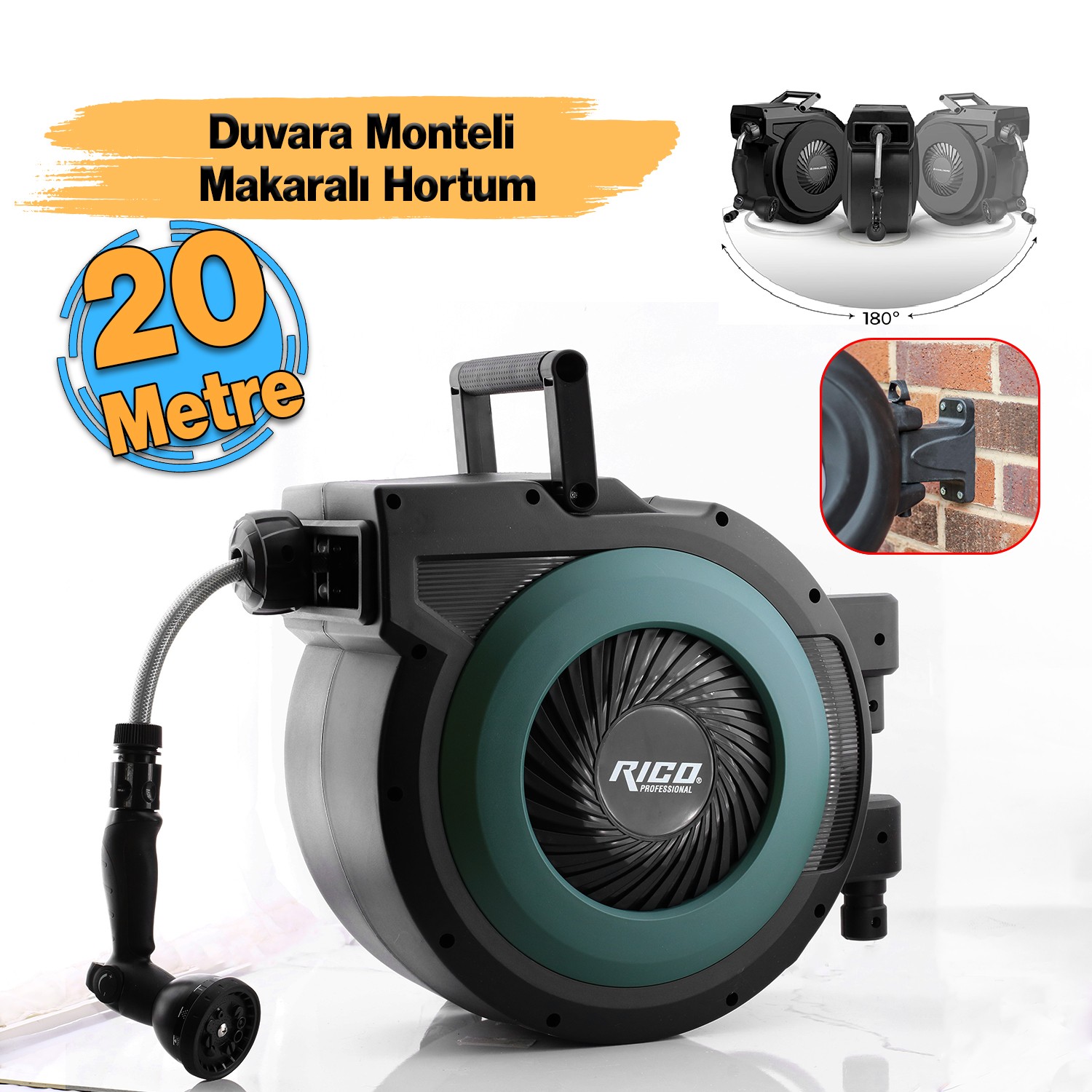 Duvara Monteli 180° Döner Makaralı Hortum Seti Bahçe Su Hortumu 1/2 Sulama Araç Yıkama 20 Metre Rico