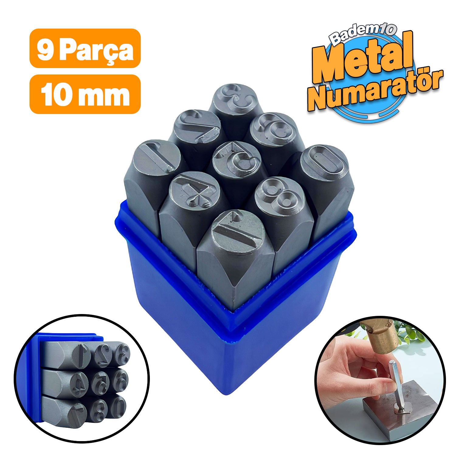 Çelik 10 mm Numaratör 9 Parça Harf Rakam Uç Seti Damgalama Takımı Metal Kazıma 3/8