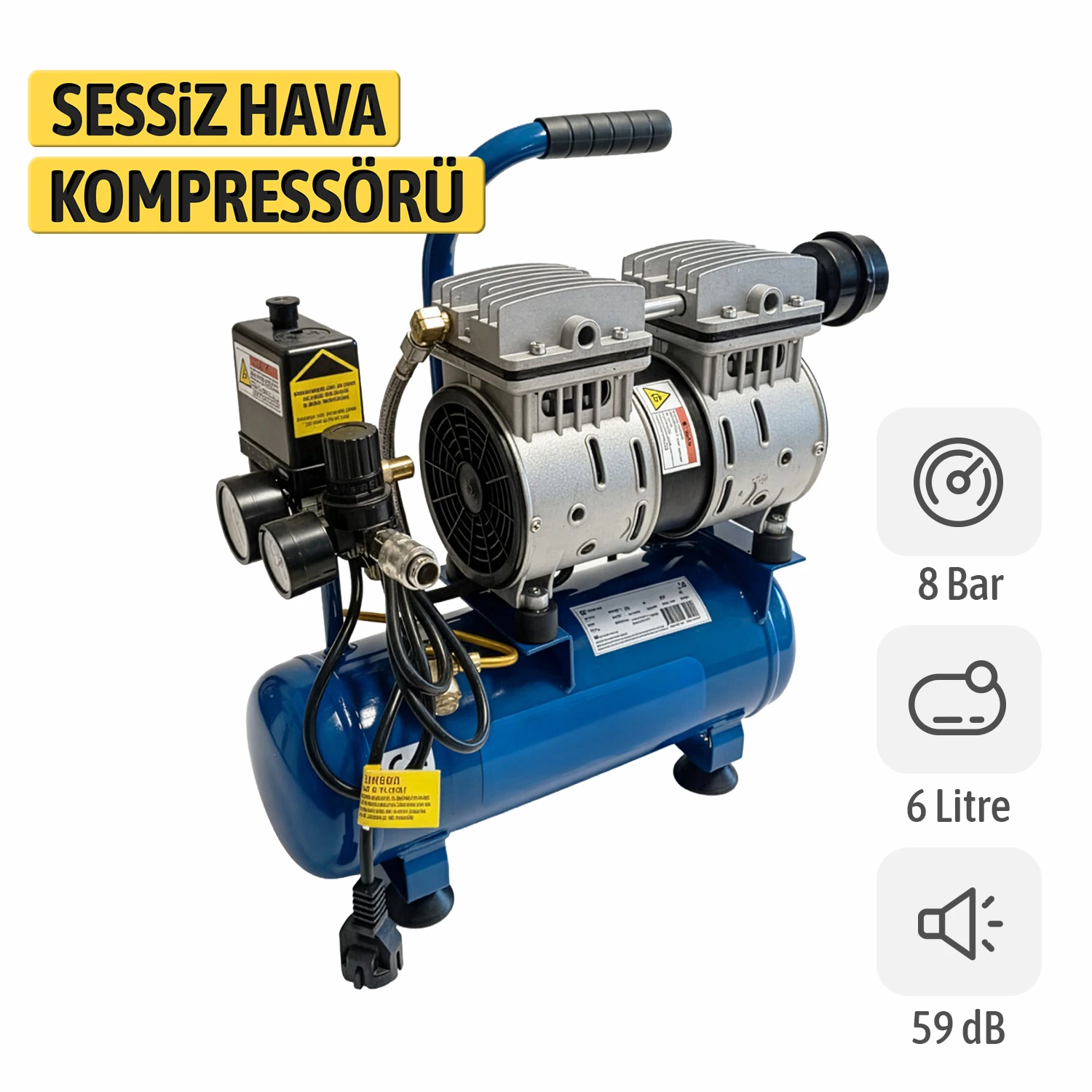 Yağsız FACEWS06 Sessiz Kompakt Kolay Taşınabilir Tekerleksiz Hava Kompresörü 6 Litre 