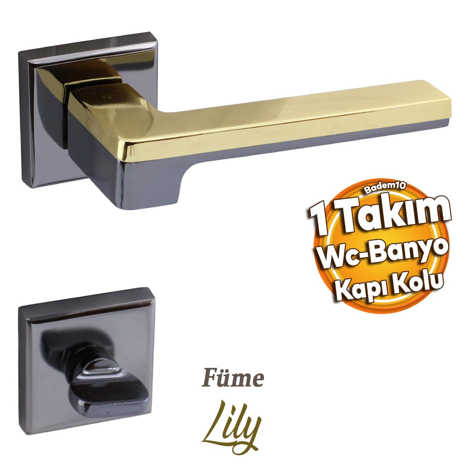 Defne Lüx Füme Gold Kare Rozetli Wc-Banyo Kapısı Uyumlu Kapı Kolu Sağa ve Sola Uygun Kolları 1 Takım