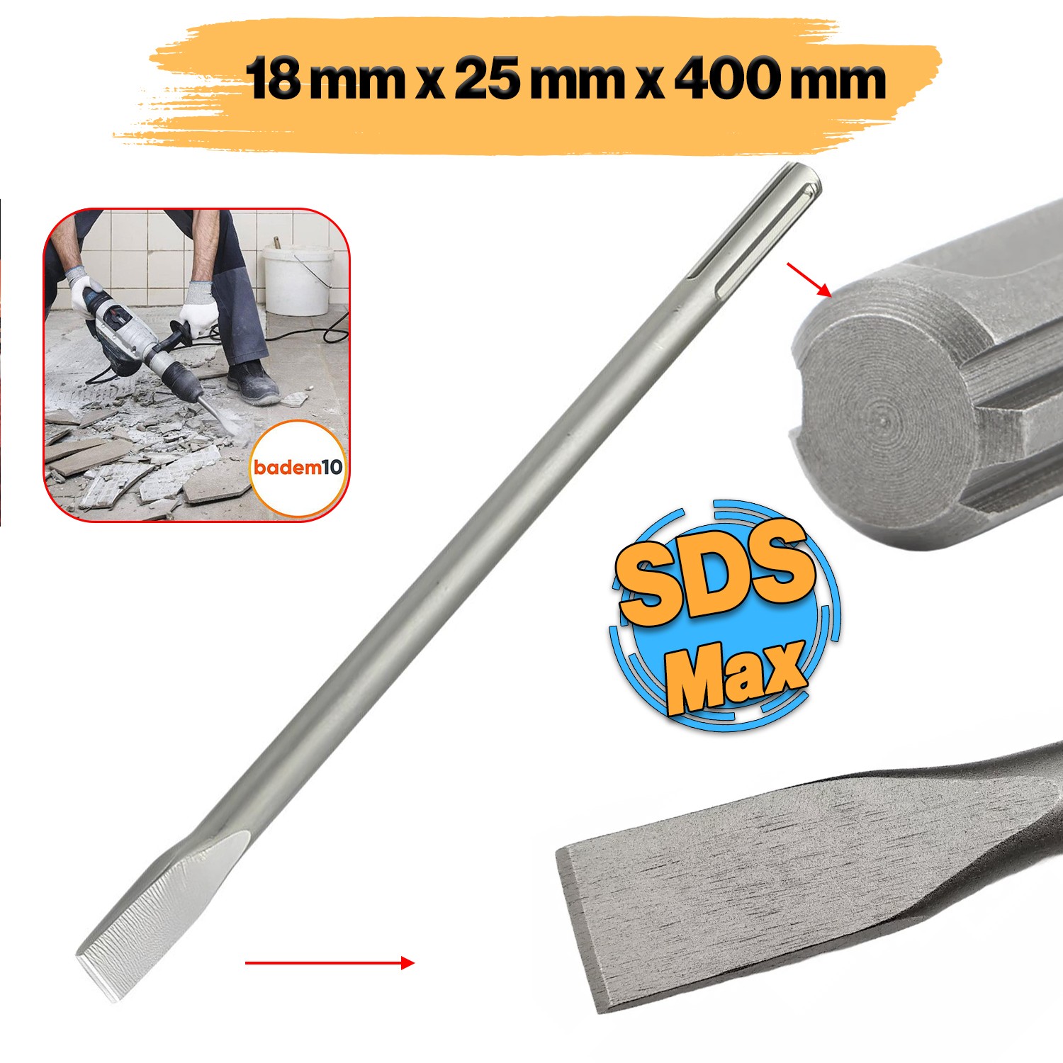 Sds Max Şaftlı Keski 18 mm x 400 mm x 25 mm Hilti Ucu Beton Taş Kaya Kırıcı Kırma Adaptörü