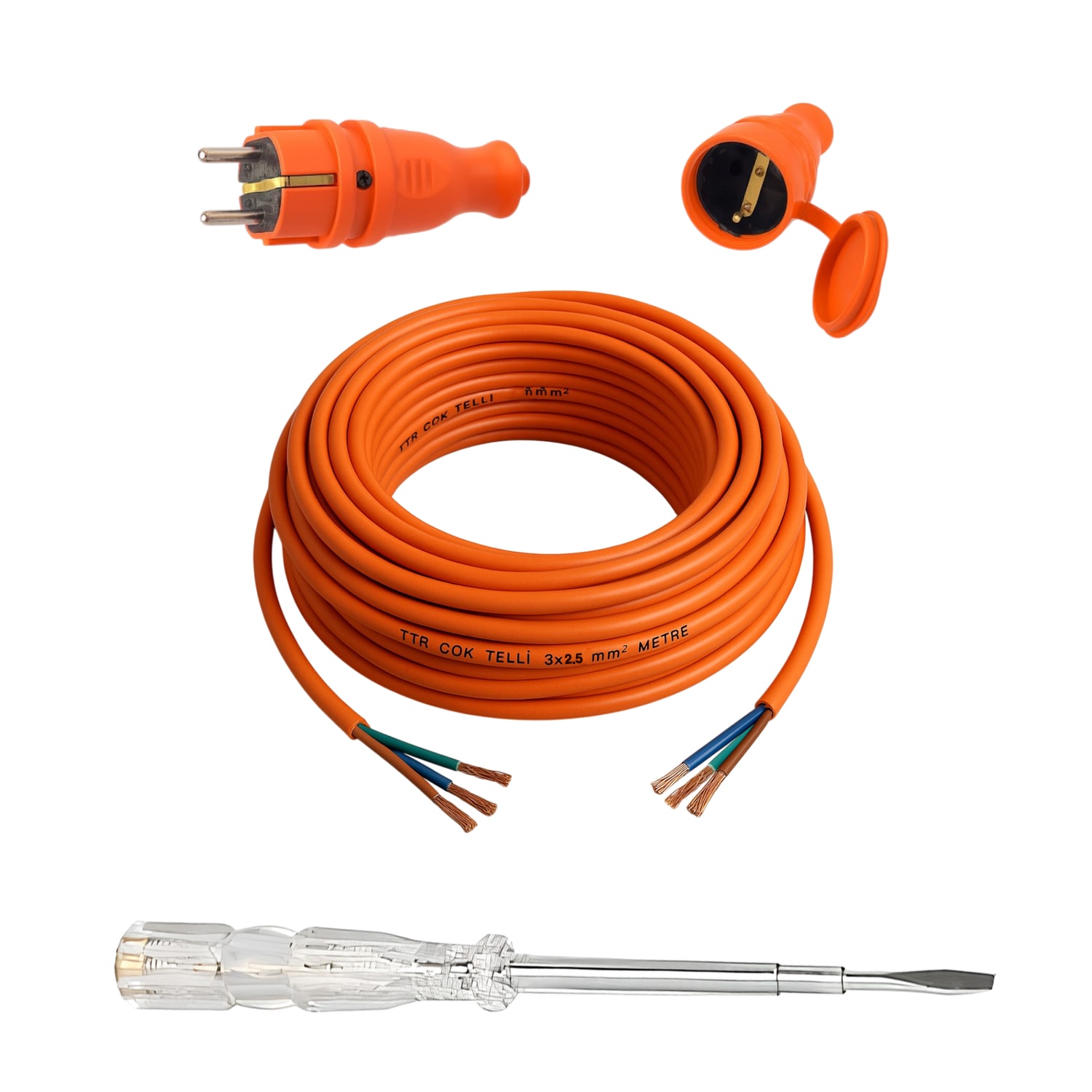 Seyyar 10 Metre Uzatma Kablosu TTR CCA Çok Telli 3x2.5 mm Elektrik Kablo Kontrol Kalem Dişi Erkek Fiş