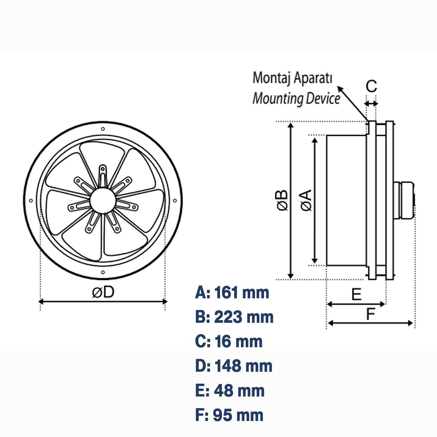 Baca Tipi Aspiratör 160 mm Fan Sessiz Havalandırma Kirli Hava Kötü Koku Egzoz Mutfak ve Sanayi