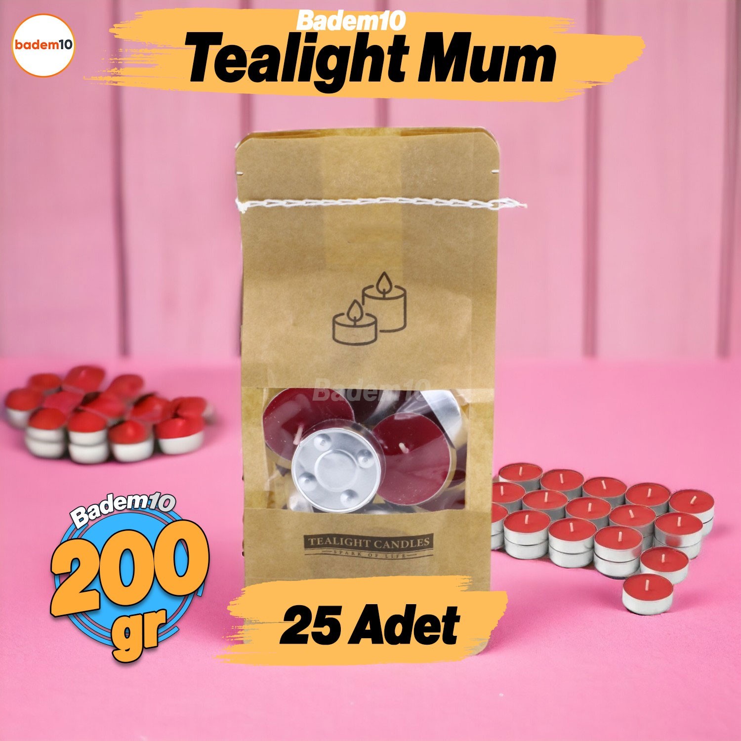 Tealight Mum 200 Gr Dekoratif Mumu Kandil Hediyelik Fitilli Mumlar Şamdan Kırmızı Çilek Kokulu