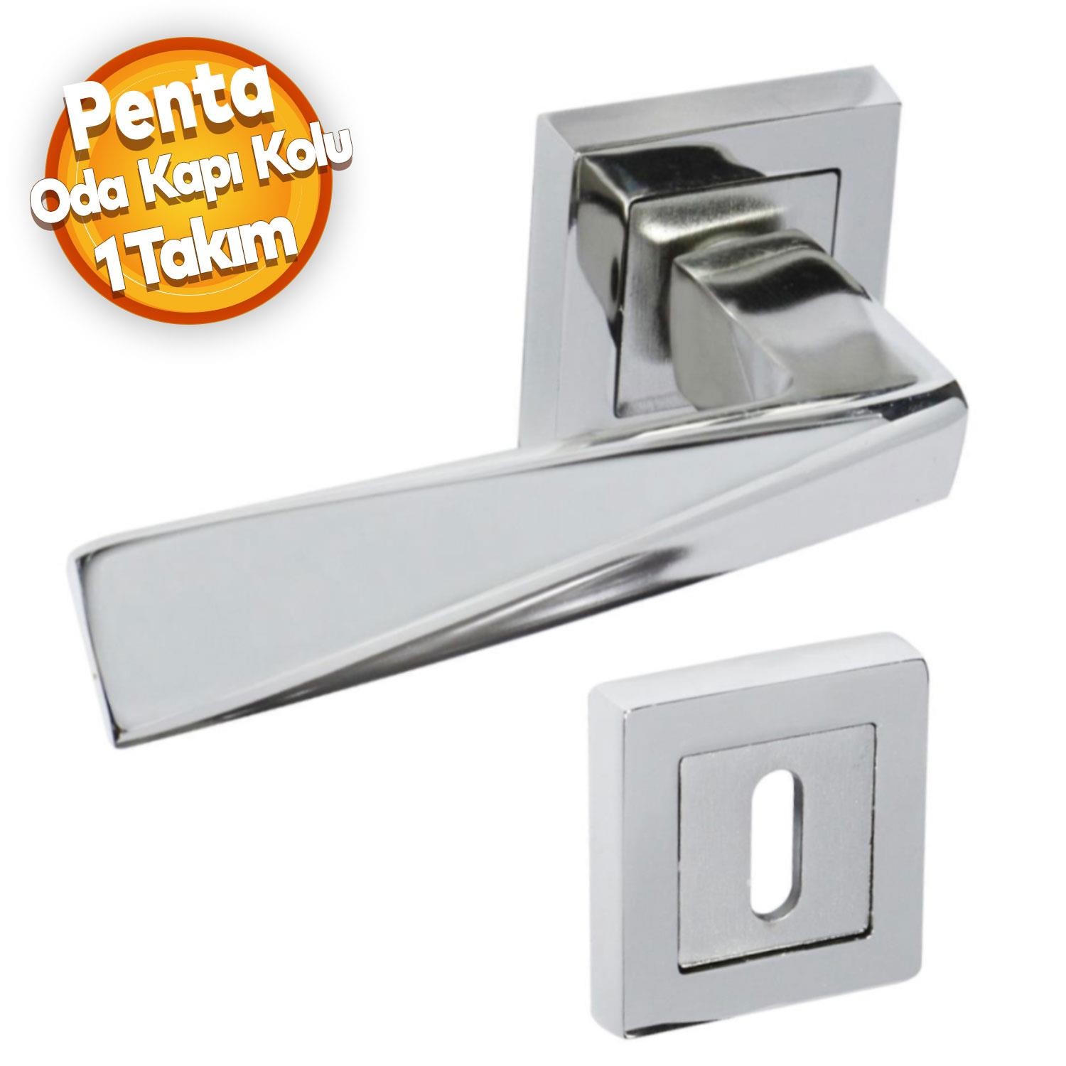 Penta Nikel Saten Kare Rozetli Oda Kapı Kolu (1 TAKIM: 2 Adet Kol + 2 Adet Rozet + Bağlantı Demiri)