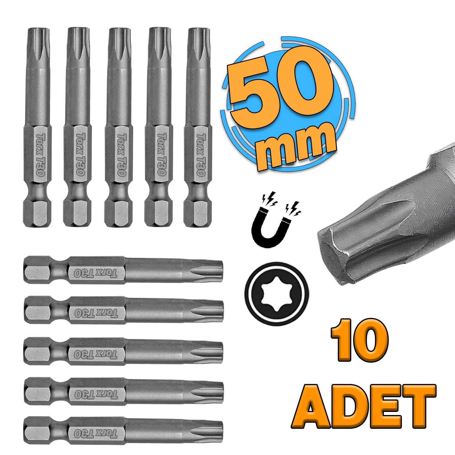 Mıknatıslı Torx T30 Bits Uç 50 mm 10'lu Set Kutulu Manyetik 1/4" Matkap Ucu Tork 5 cm Uzunluk