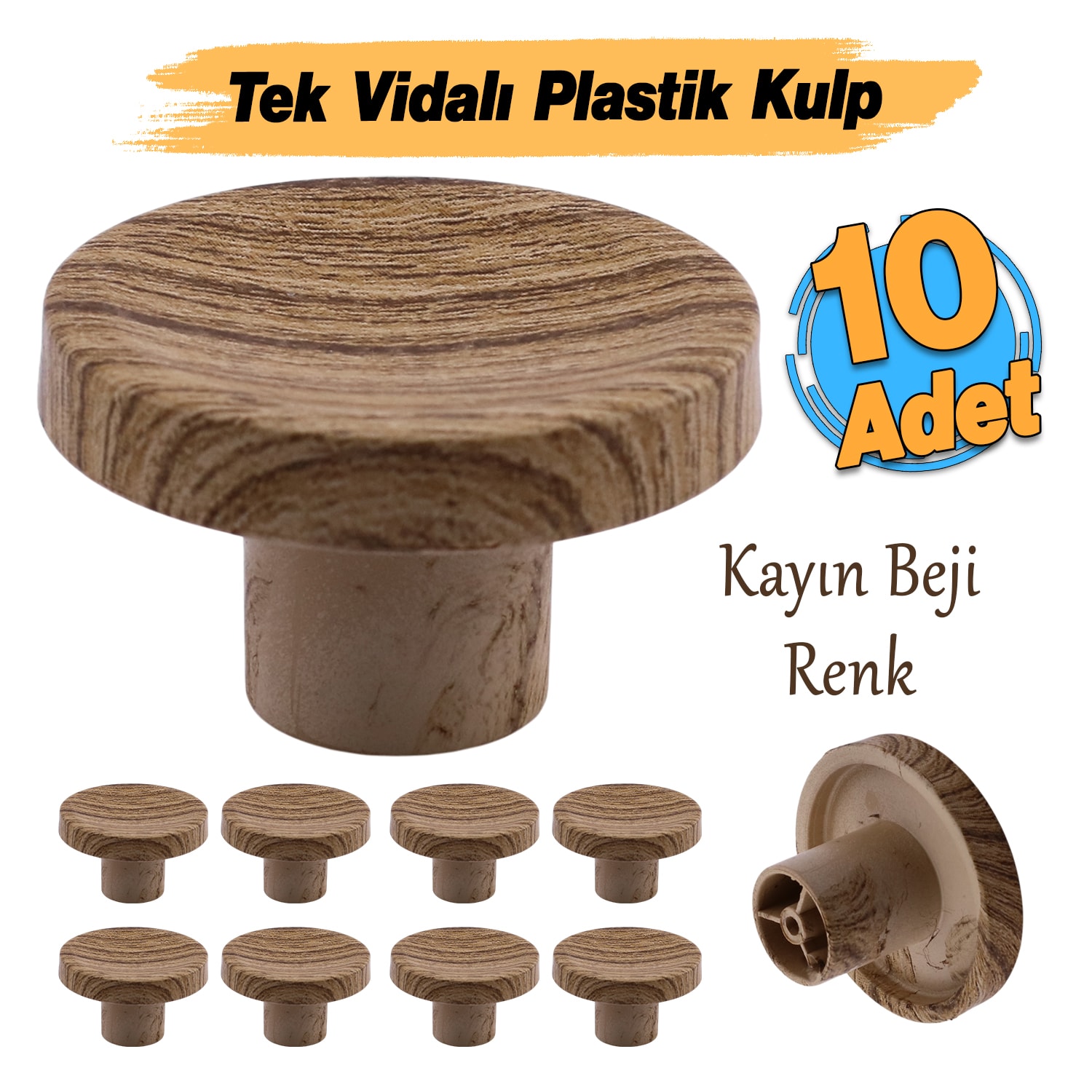 Tek Vidalı (10 Adet) İç Bükey Plastik Düğme Kulp Kayın Bej Renk Mobilya Dolap Çekmece Kulpu Kulbu